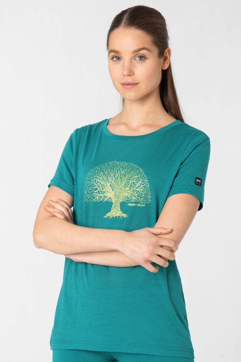 SUPER.NATURAL Print-Shirt Merino T-Shirt W TREE OF KNOWLEDGE TEE  geruchshemmender Merino-Materialmix