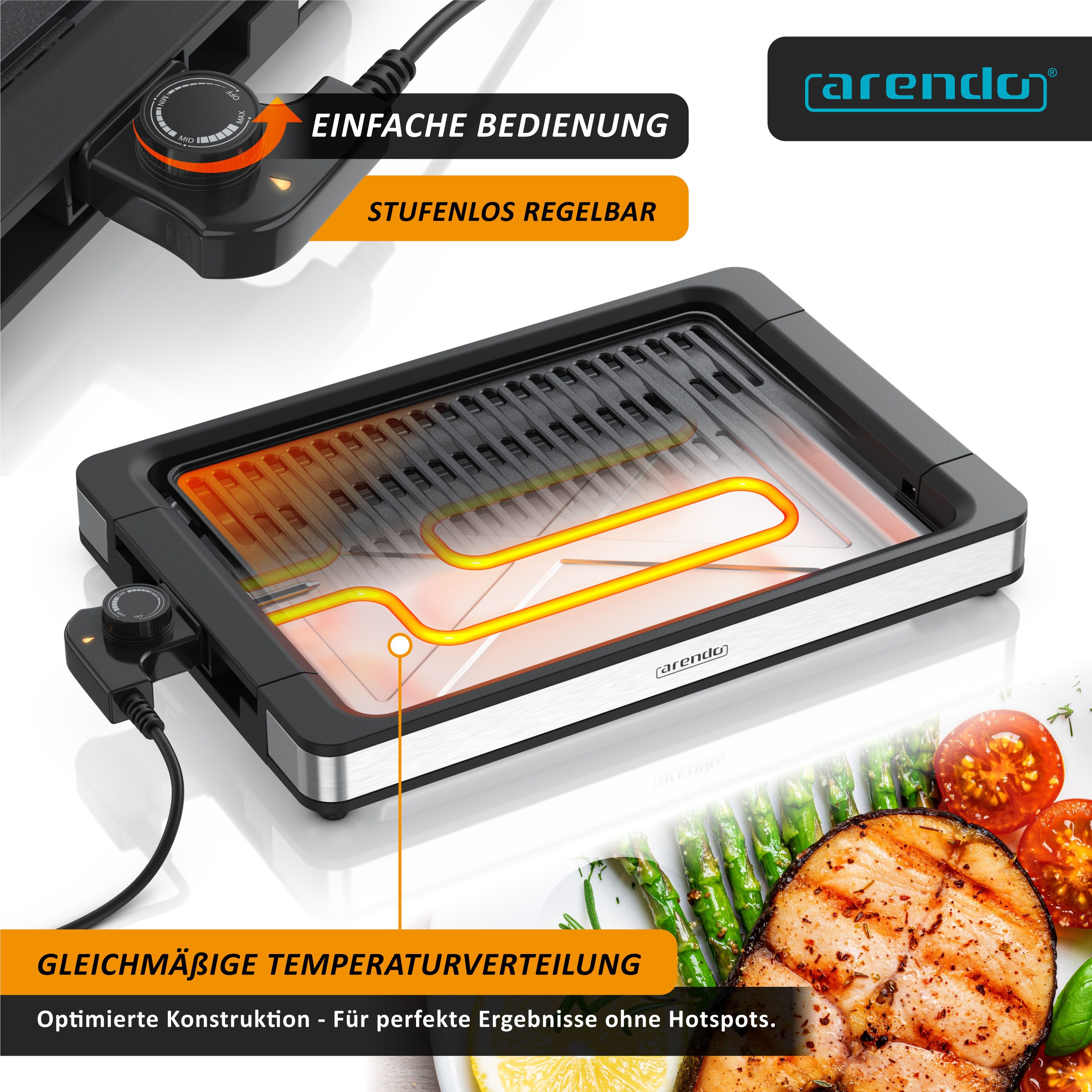 Arendo Tischgrill Edelstahl Elektrogrill, bis 250 Grad, elektrisch, Antihaftbeschichtung, 1800 W, stufenlose Temperaturregelung, für Balkon, Garten & Indoor
