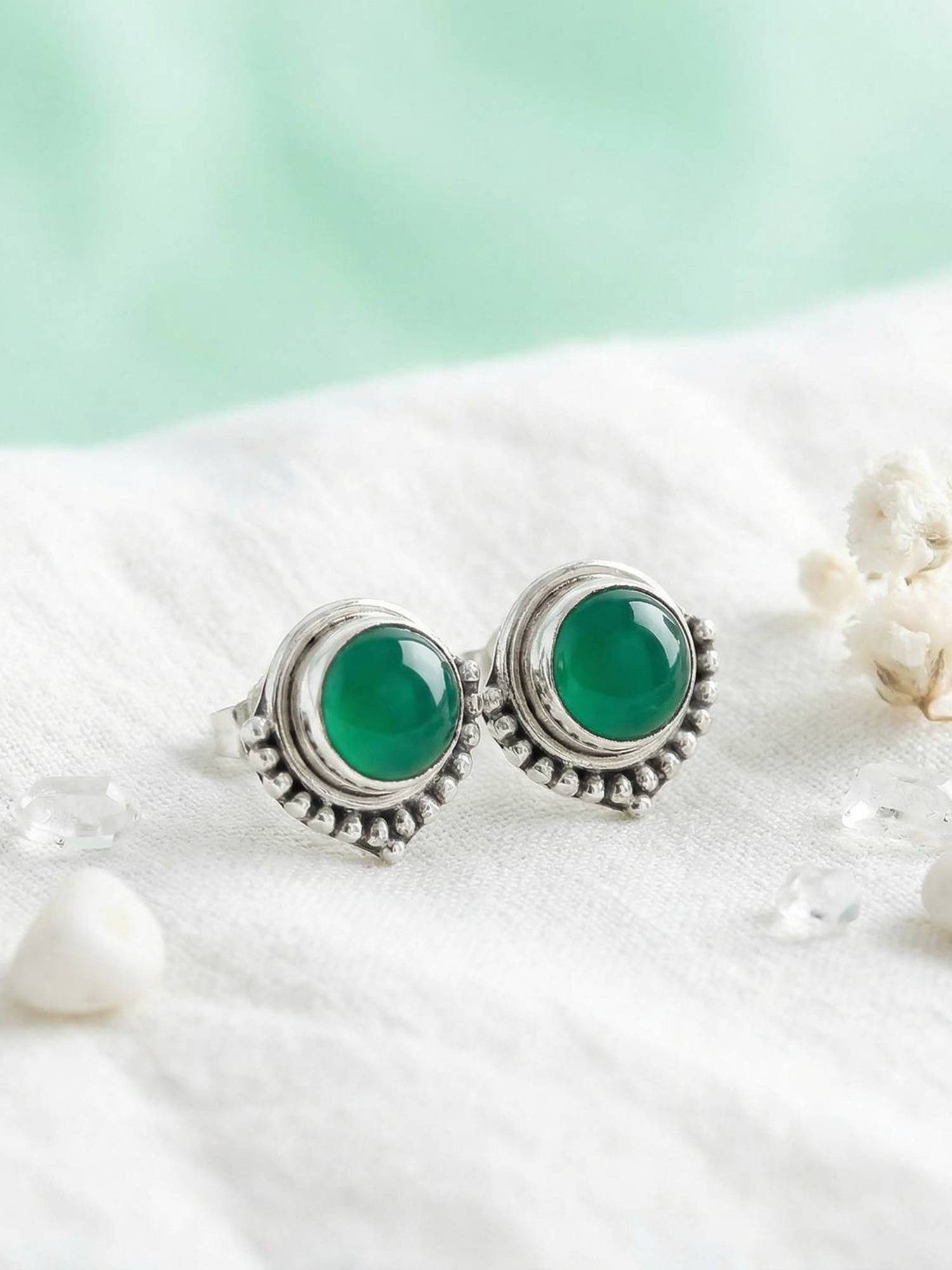 mantraroma Paar Ohrstecker SUNI aus 925 Silber mit grünen Onyx (Paar, Paar Ohrringe mit Schmuckbeutel), 925 Sterling Silber Ohrringe für Damen