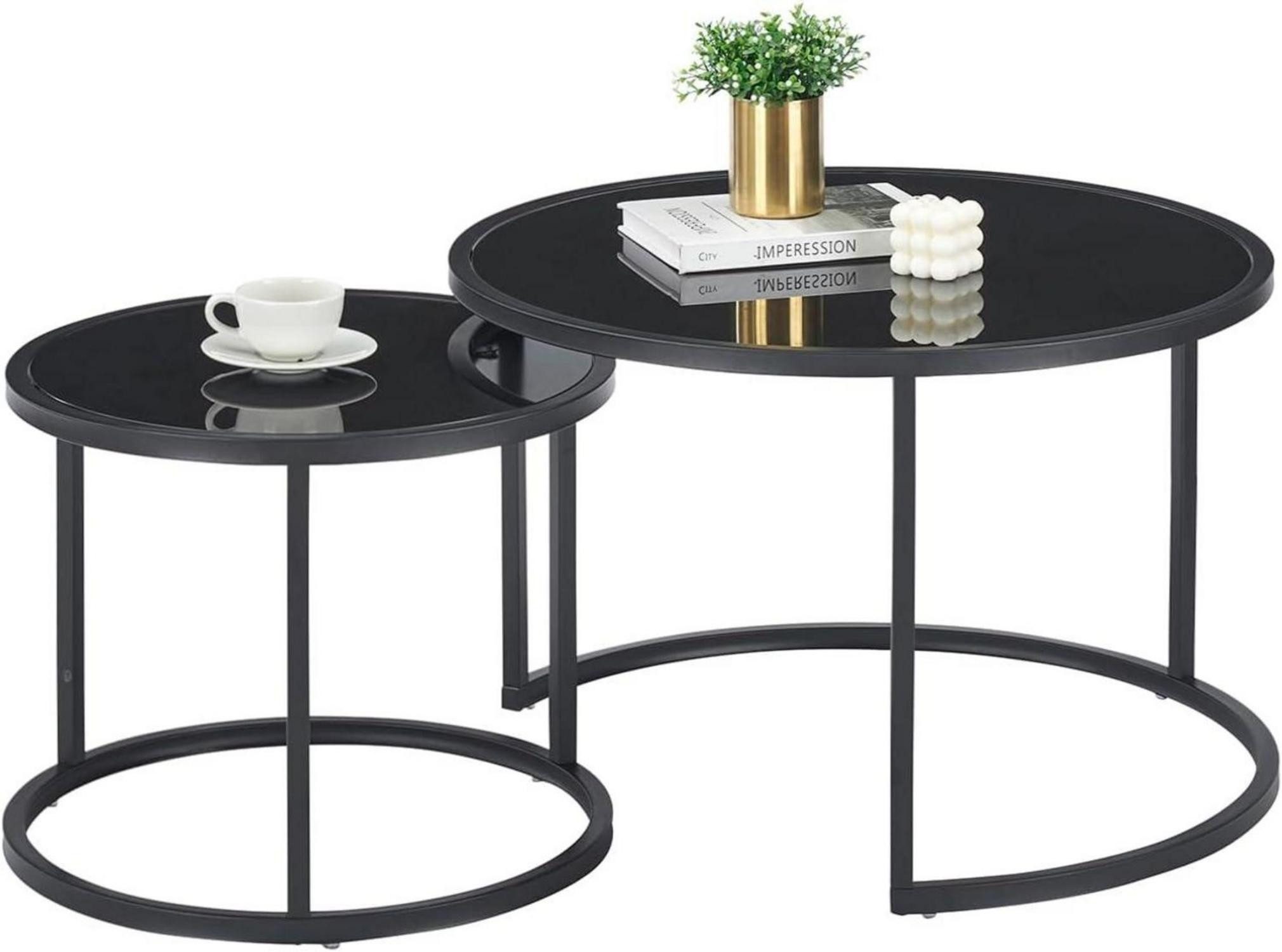 Couchtisch Couchtisch Glas Rund Schwarz Metallgestell 2er Set 70x70x45 & 50x50x40