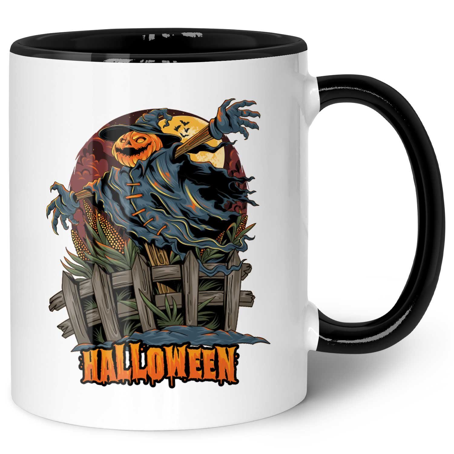 GRAVURZEILE Tasse mit Motiv im Halloween Vogelscheuche Design, Keramik, Farbe: Schwarz & Weiß V2