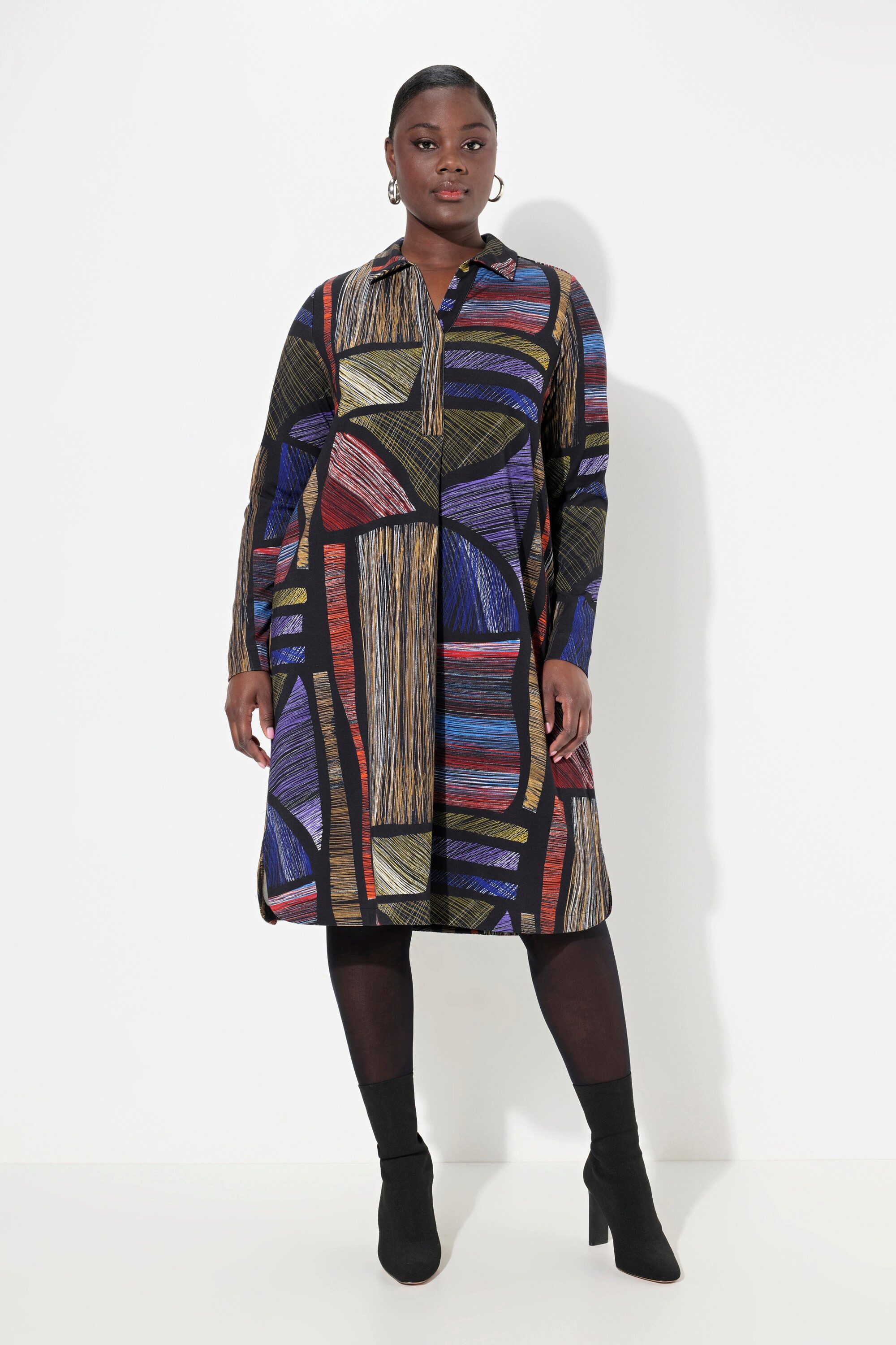 Midikleid Punto-Kleid Hemdkragen V-Ausschnitt Langarm
