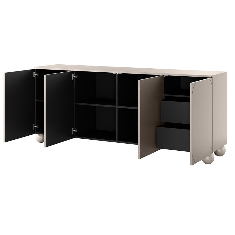 Lomadox Sideboard SPLIT-141, kaschmir beige matt 200 cm Kugelfüße grifflos Push-to-open Softclose