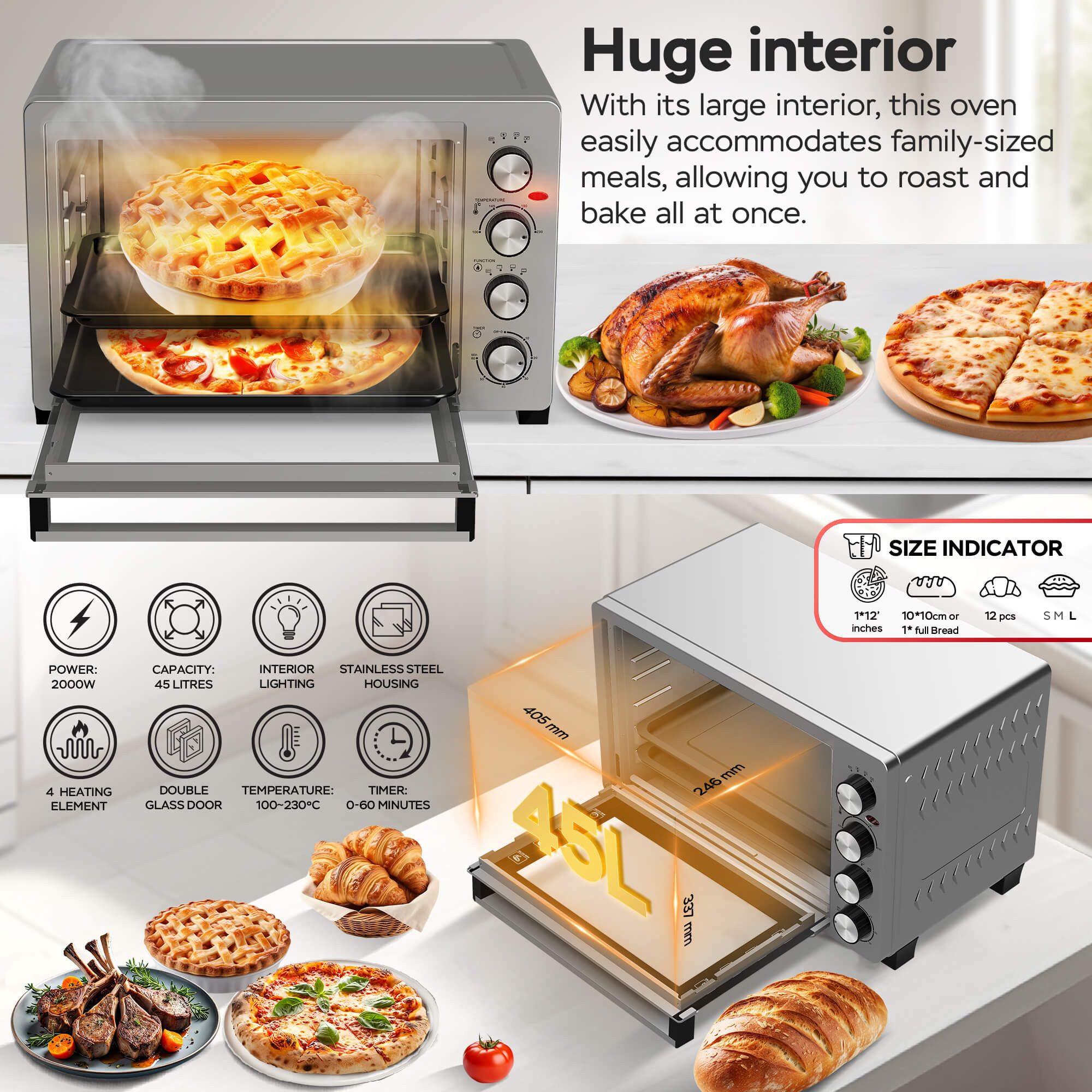 TurboTronic by Z-Line Minibackofen 2000 W 45 l Mini Backofen mit Umluft Drehspieß Grill und Pizzaofen, Tischbackofen mit Umluft, kleiner Backofen, Mini Ofen, freistehend