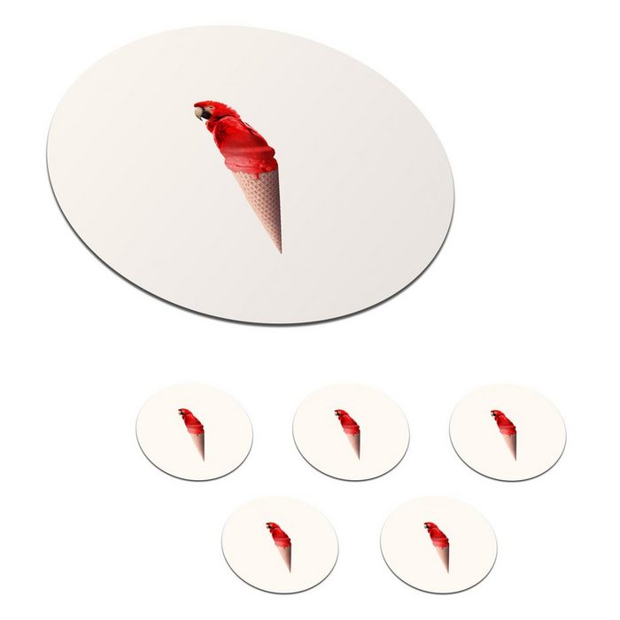 MuchoWow Glasuntersetzer Eiscreme - Papagei - Rot - Eistüten - Weiß Zubehör für Gläser 6-tlg. Getränkeuntersetzer Tassenuntersetzer Korkuntersetzer Tasse Becher