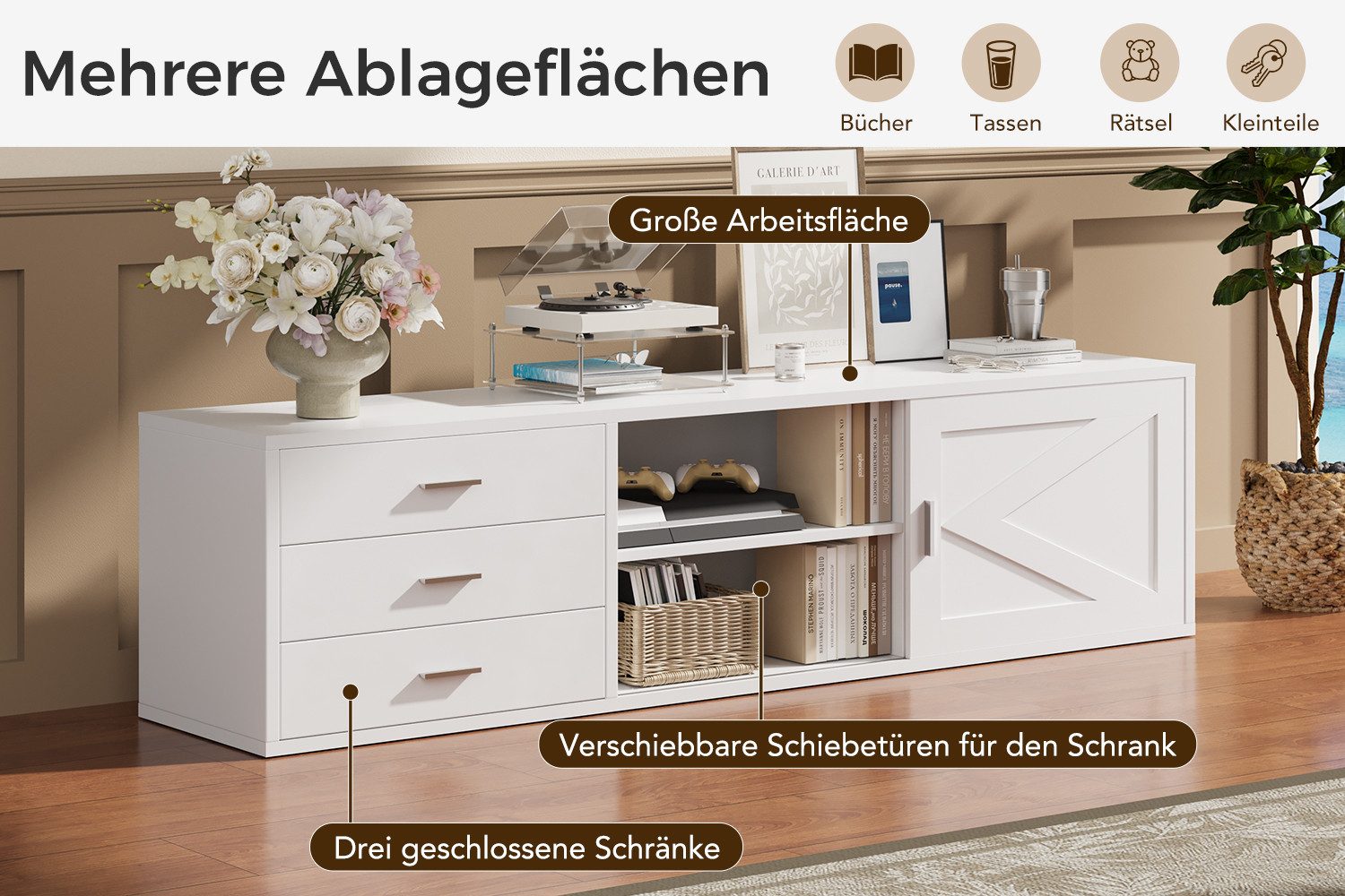 HOMAVO Lowboard TVG1 mit 3 Schubladen & Schiebetür, 160 - 180 cm (FSC®, viel Stauraum, pflegeleicht), Bodenstehendes TV-Lowboard mit Stauraum