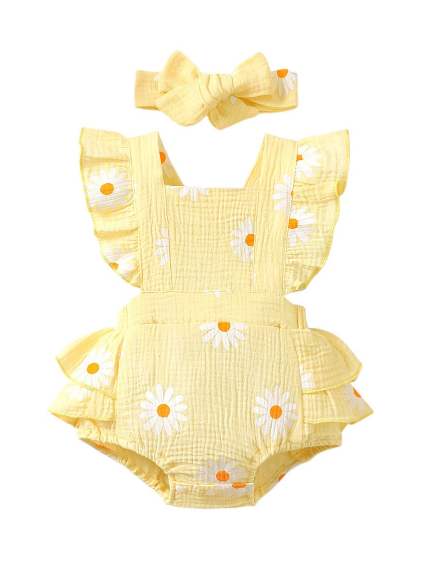 Gluckids Strampler Sommer Outfit für Babymädchen, Body mit Rüschen aus Baumwolle Haarband (Set, 2-tlg) mit Blumenmuster,Krabbelkleidung für Neugeborene, festliche Party