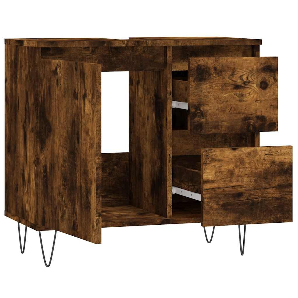 furnicato Badkommode Badezimmerschrank 65x33x60 cm in Räuchereiche mit Eisenfüßen (1 St), Feuchtigkeitsbeständiges Badregal mit Schubladen und Wandhalterung