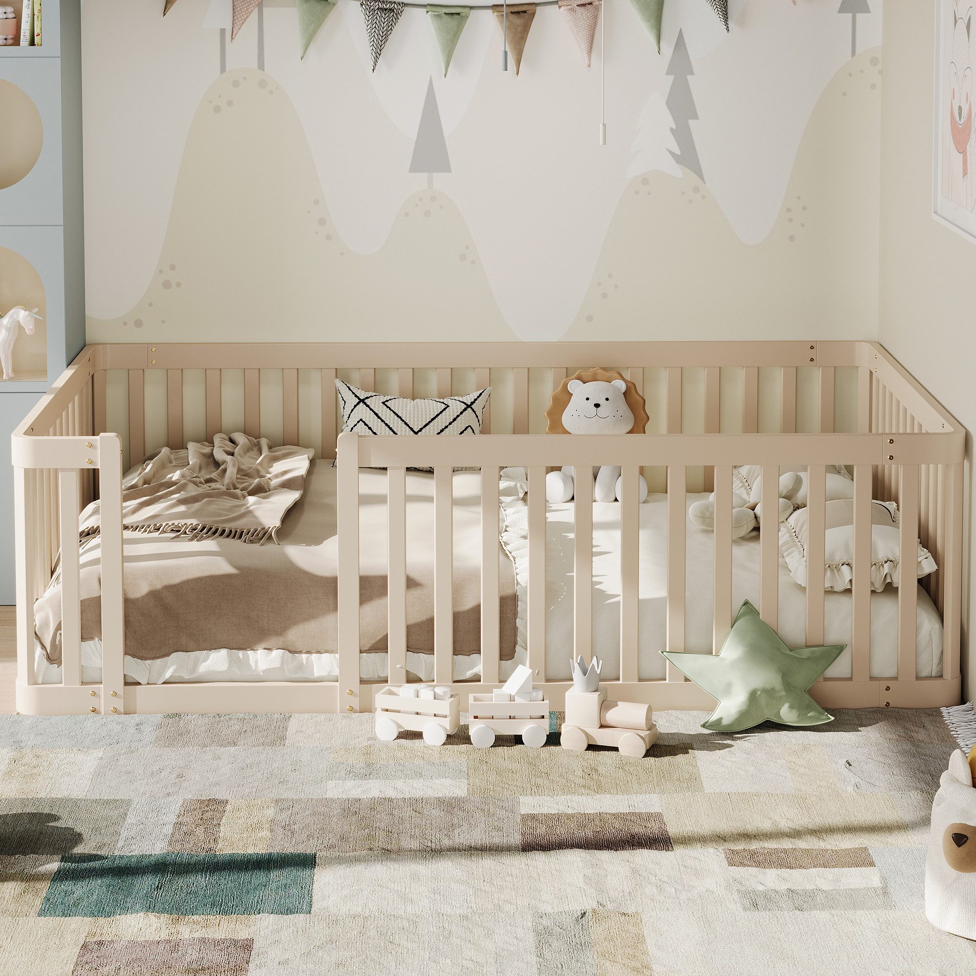 Flieks Kinderbett, Massivholzbett Bodenbett 90x200cm mit Zaun ohne Lattenrost