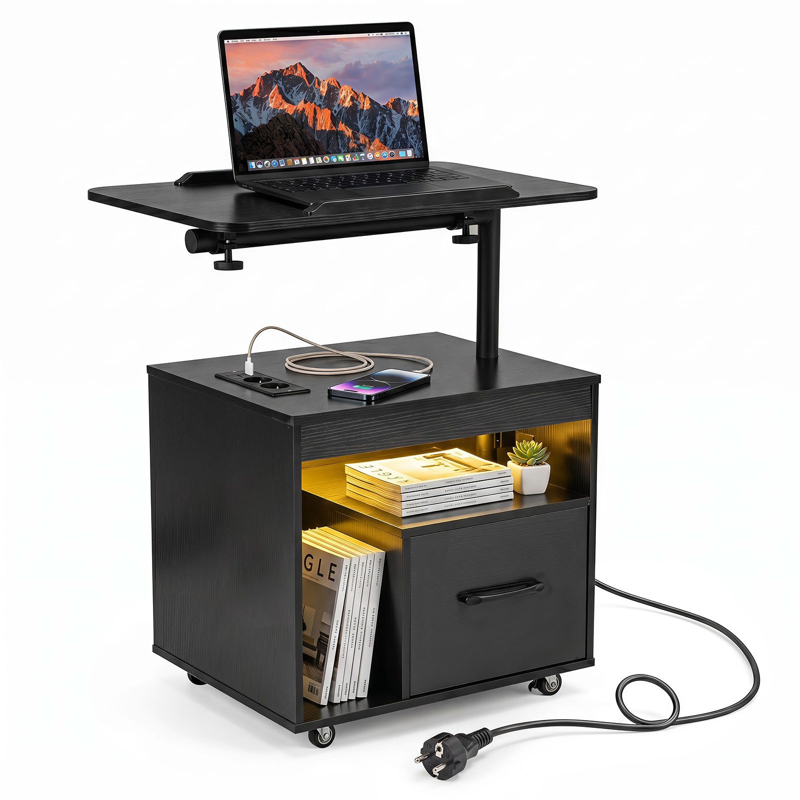 COSTWAY Nachttisch (1-St), LED Nachtschrank, Beistelltisch mit Rollen, Ladestation & Steckdosen