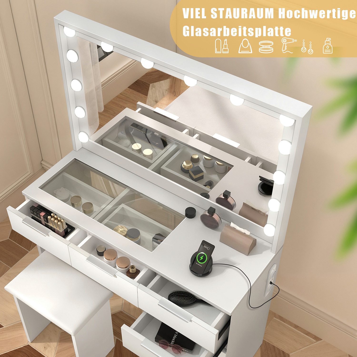 oyajia Schminktisch mit LED Beleuchtung, Gehärtete Glasplatte,mit Stuhl /Ladefunktion (Schlafzimmermöbel Vanity Set, verstellbare dreifarbige Kosmetikspiegel mit 12 LEDs, Touch-Dimmen), Make-up Tisch mit 5 Schubladen und 2 Europäische Stecker +2 USB