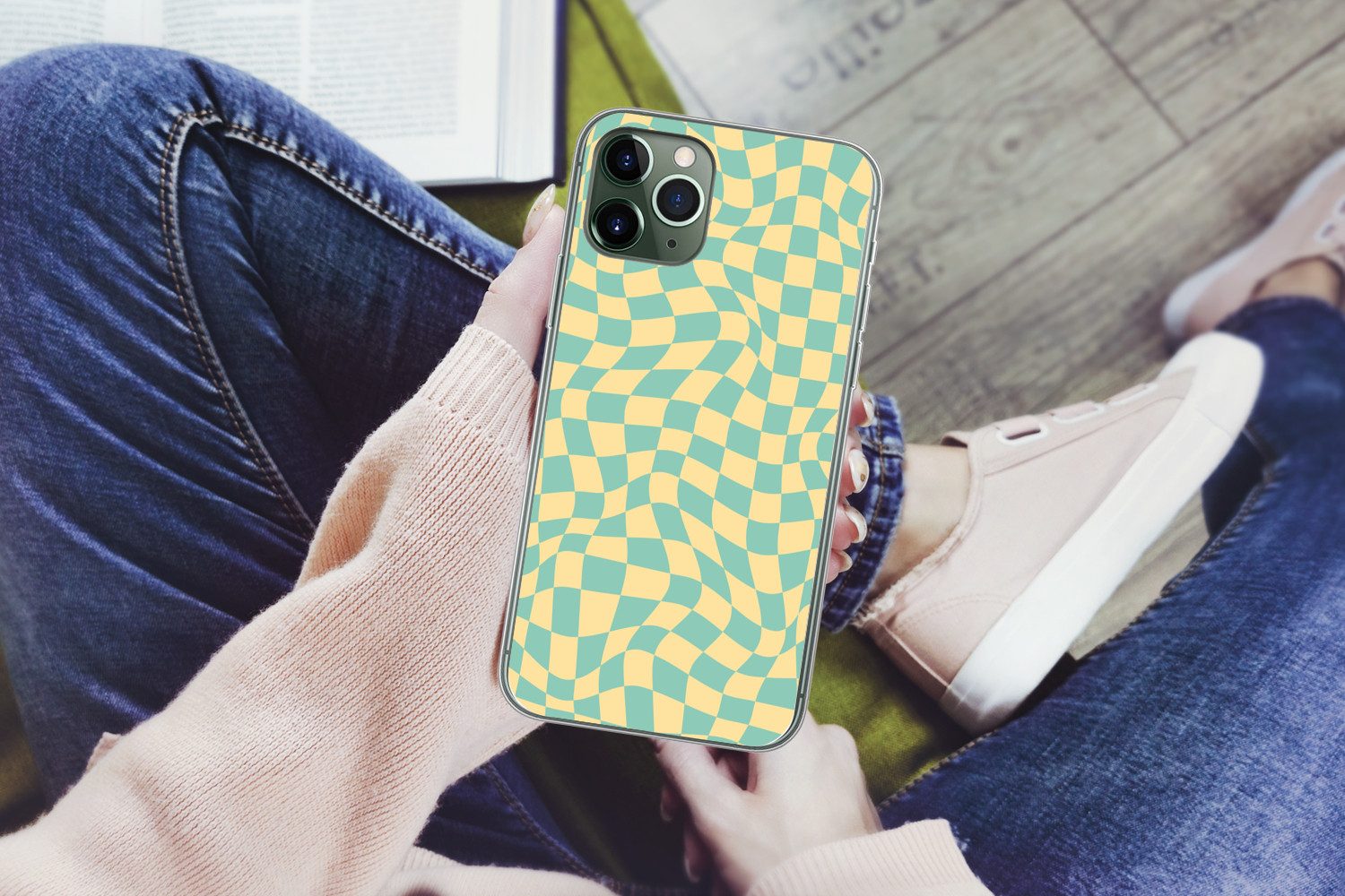 MuchoWow Handyhülle für Apple iPhone 11 Pro Quadratisches Muster - Gelb - Blau - Wellenlin, Smartphone-Bumper, Print, Handy Schutzhülle Dünn