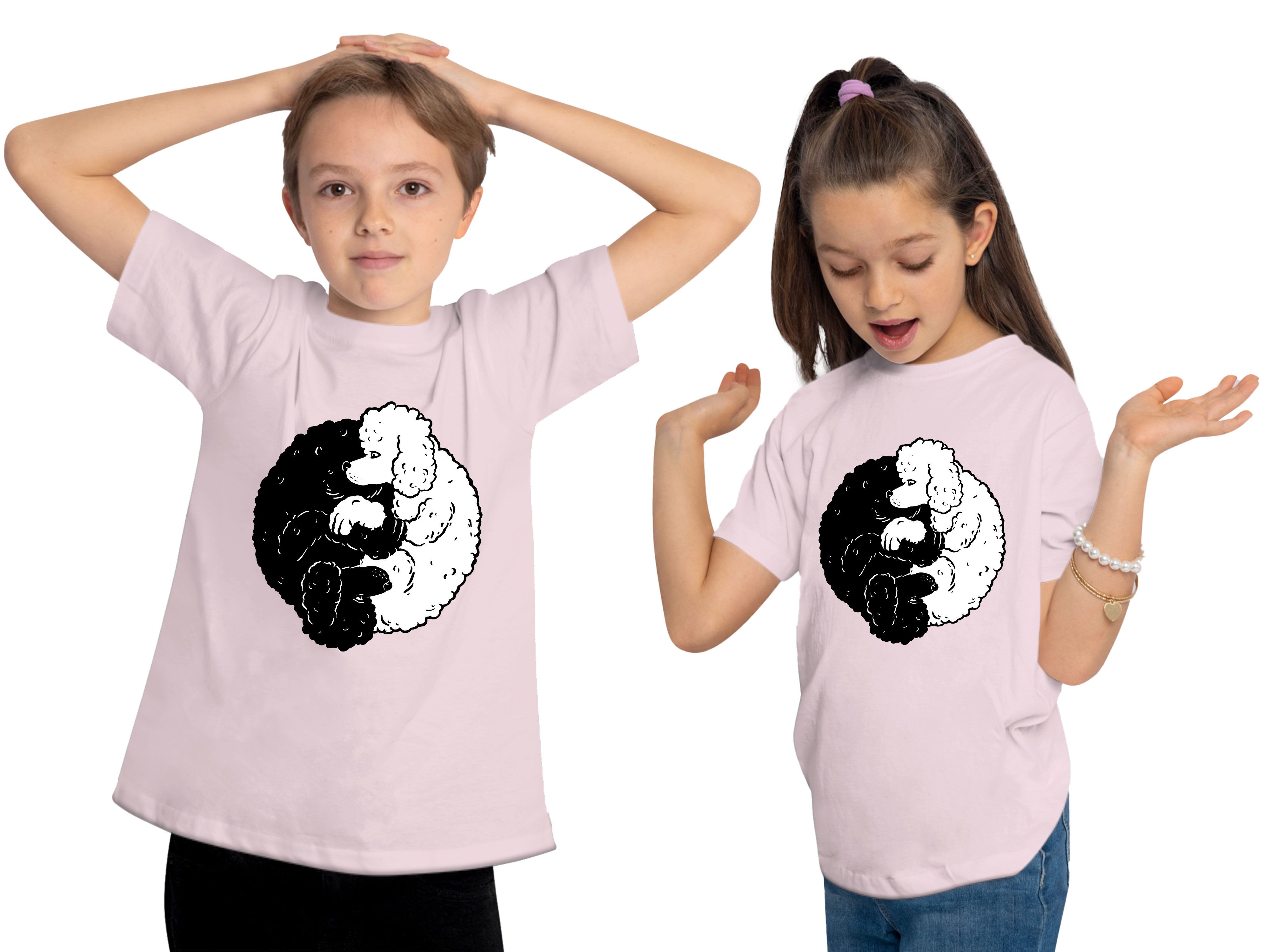 MyDesign24 Print-Shirt bedruckt i235 - mit Kinder Yang Aufdruck, Baumwollshirt Pudel T-Shirt Yin rosa Hunde