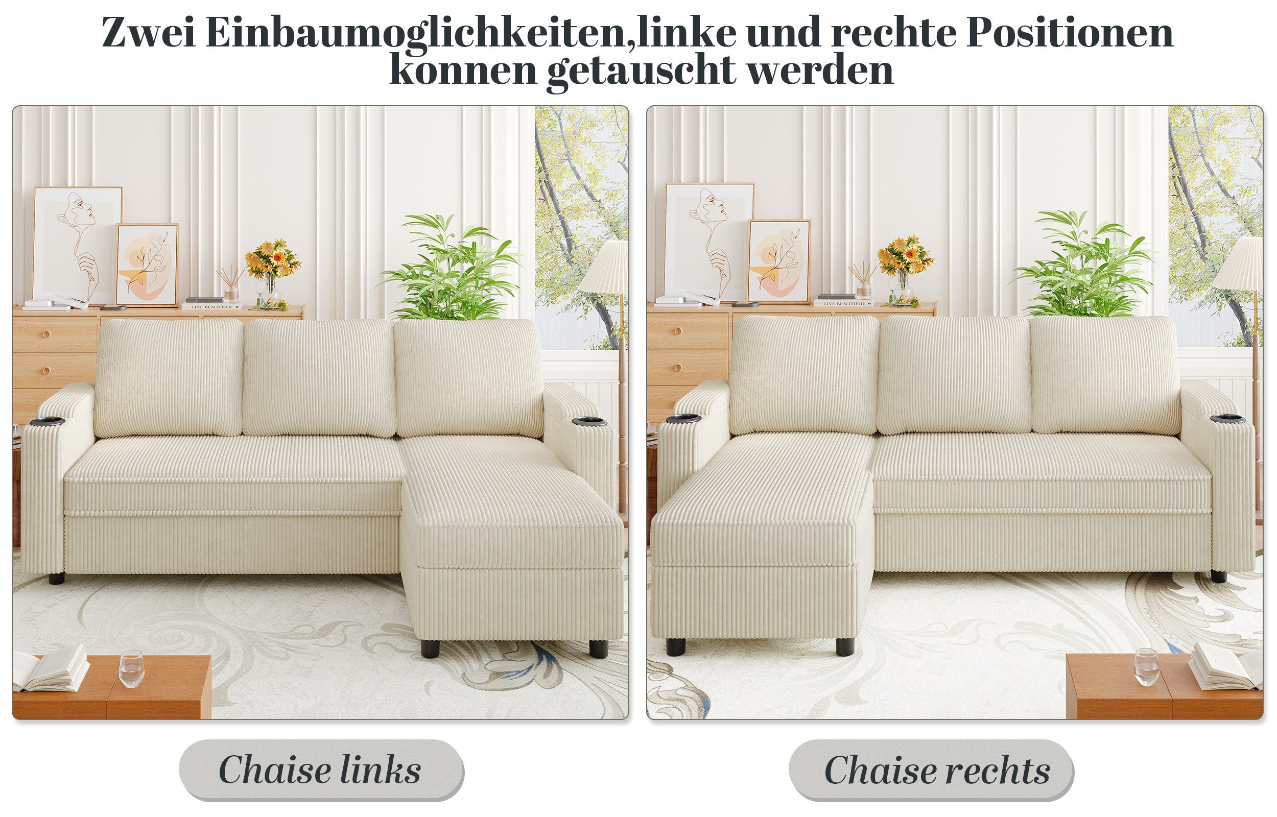 HOMALL Ecksofa Multifunktionaler Stauraum Ausziehbares L-förmiges Schlafsofa, Integrierter spritzwassergeschützter Getränkehalter, Seitentaschen, internes Staufach