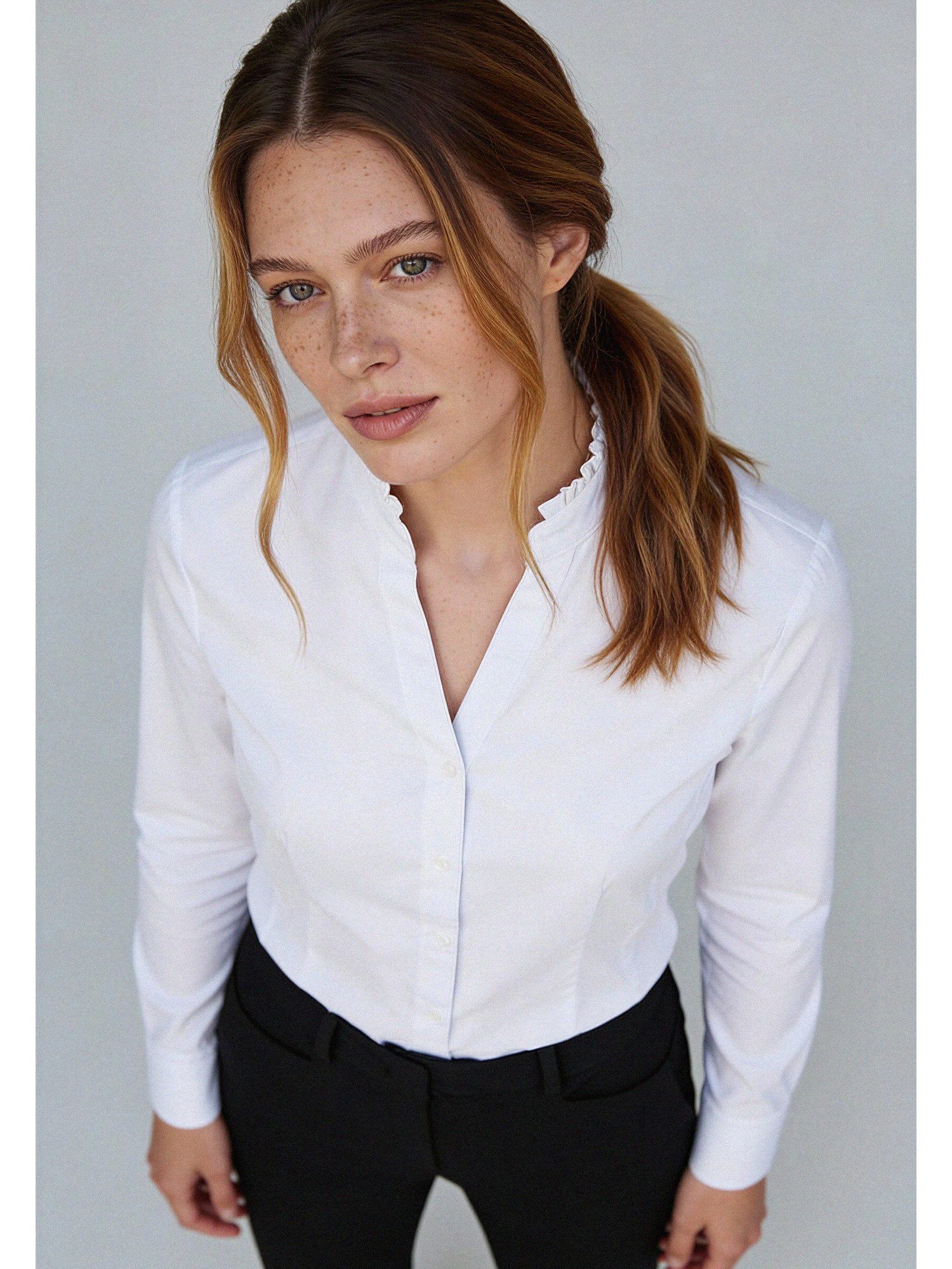 MORE&MORE Langarmbluse Stretchbluse, Rüschenkragen