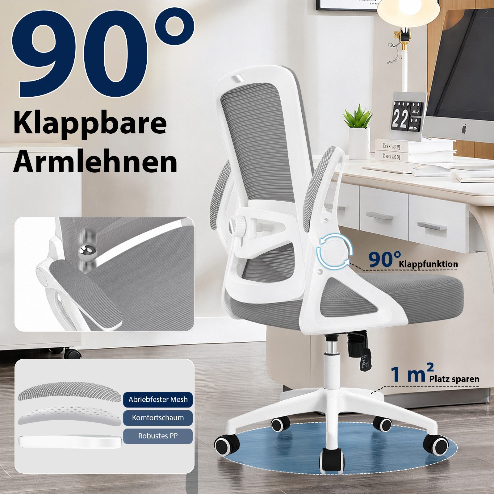 Hoolamyie Bürostuhl Schreibtischstuhl mit klappbaren Armlehnen & 2D-Lendenstütze (Atmungsaktiver Mesh-Rücken mit Lendenstütze, Wippfunktion, gepolsterten Klappa – Bild 4 von 5