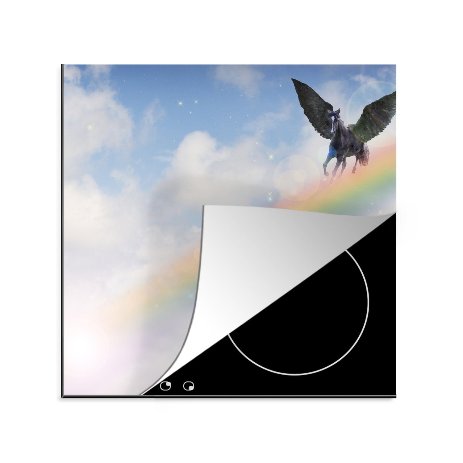 MuchoWow Herdblende-/Abdeckplatte Ein Pegasus fliegt über den Regenbogen, Vinyl, (1 tlg), 78x78 cm, Ceranfeldabdeckung, Arbeitsplatte für küche
