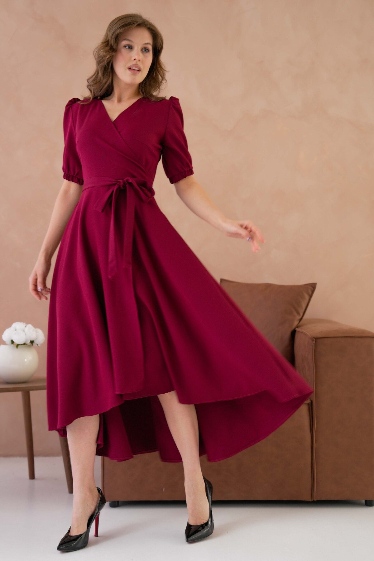WOMAN VISION Abendkleid Abendkleid in Midi-Länge mit Wickelausschnitt, Gürteldetail und ausges