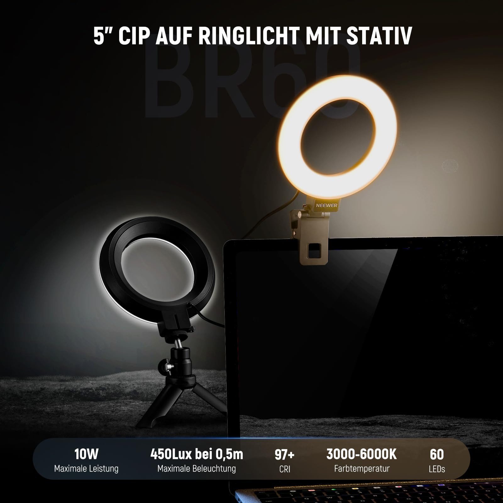 Neewer Ringlicht BR60 5" Ringlicht mit Clips/Mini Stativ, 10W Dimmbar, Einstellbares, mit Reinigungstuch, Videoleuchte für Monitor Laptop Videoaufnahmen