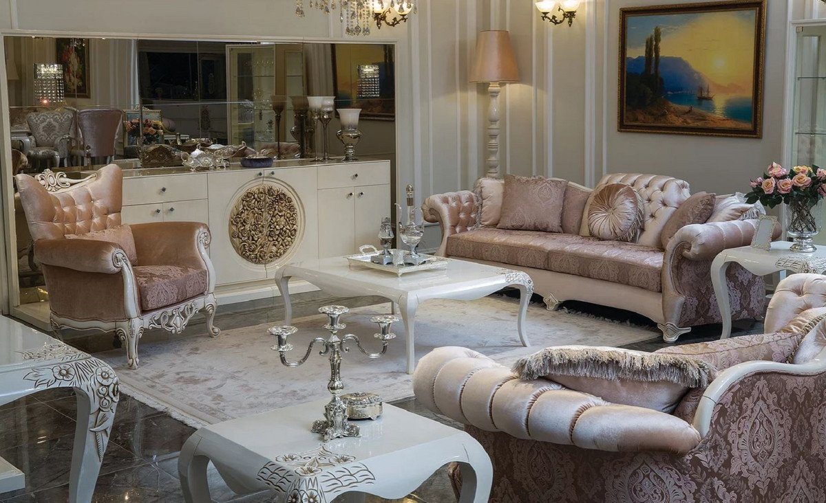 Casa Padrino Sofa Luxus Barock im 84 Wohnzimmer / x x Sofa - / Muster - / Möbel Barockstil mit Weiß dekorativen Rosa Beige elegantem und 97 cm 265 Wohnzimmer H. Massivholz Kissen Lila Sofa