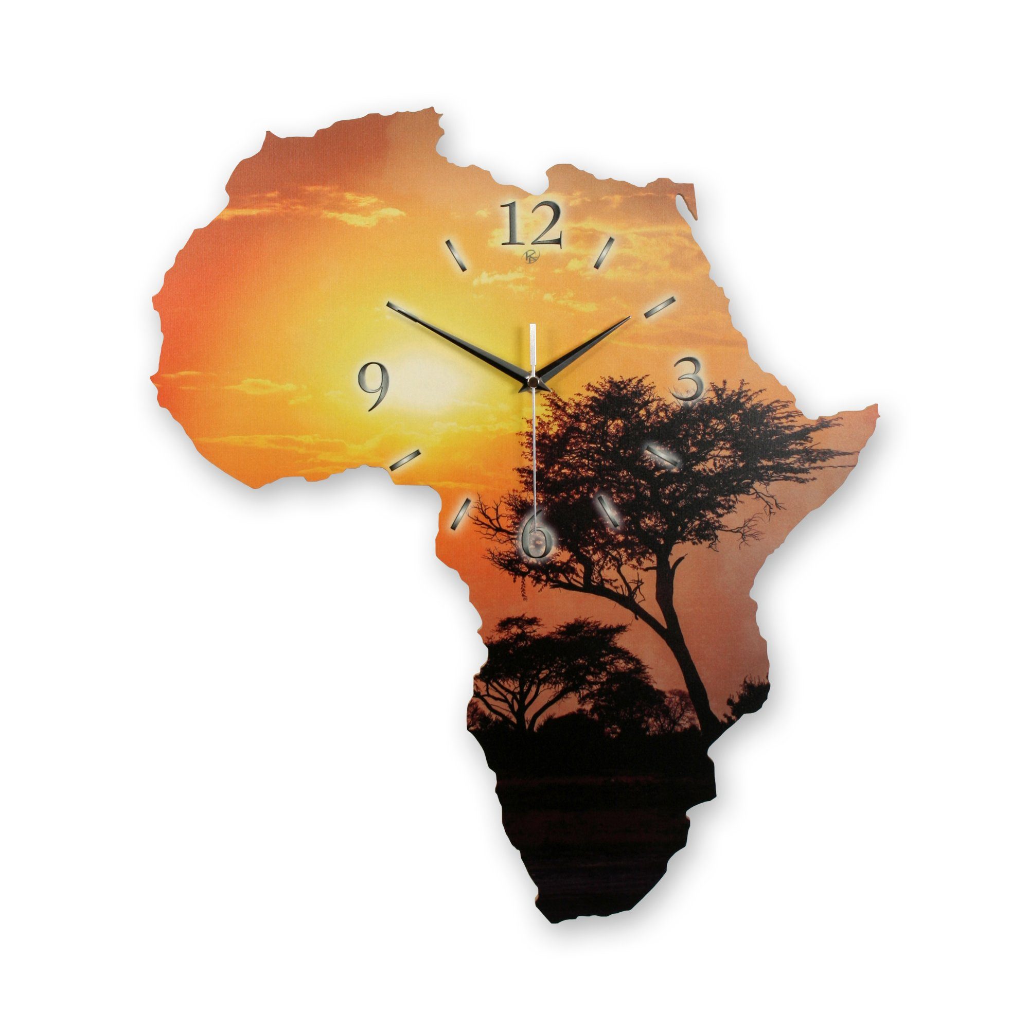 Kreative Feder Wanduhr Designer-Wanduhr "Afrika" im Landkarten-Design (ohne Ticken; Funk- oder Quarzuhrwerk; elegant, außergewöhnlich, modern) Motiv Baum