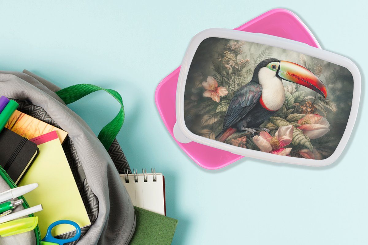 Snackbox, - - für Erwachsene, - Vögel Blumen Brotdose rosa Brotbox Kunststoff MuchoWow Pflanzen Mädchen, Tropisch, Kunststoff, Lunchbox Kinder, Tukan (2-tlg), -