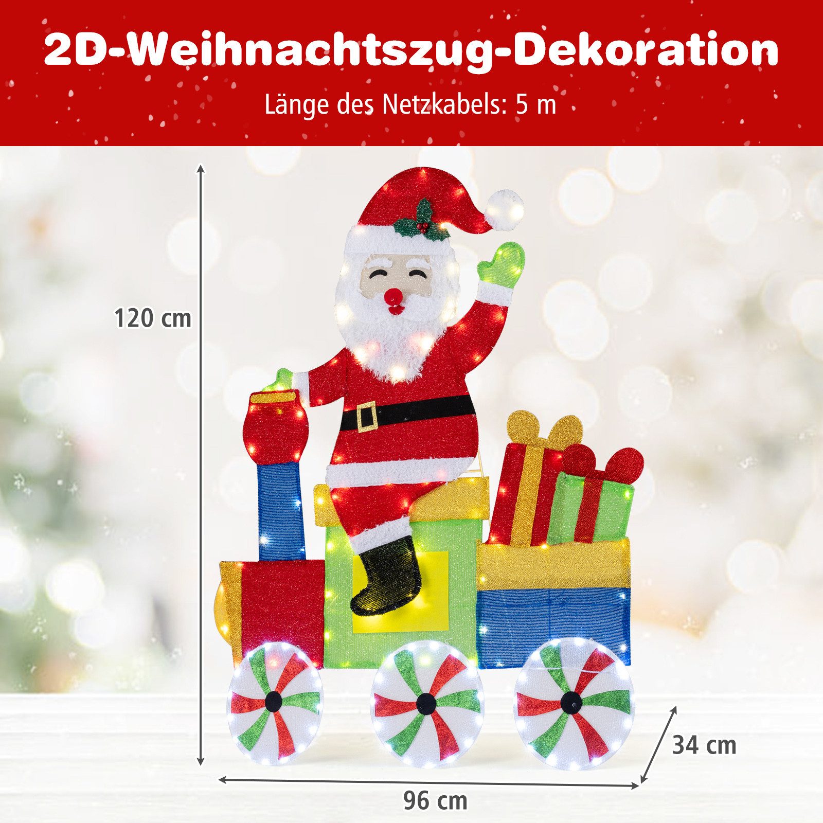 COSTWAY Weihnachtsfigur (1 St), LED Weihnachtsmann im Zug, Weihnachtsdeko, XXL