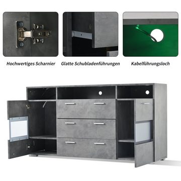 Merax Sideboard mit 3 Schubladen und 3 offenen Fächern, Kommode Industrial mit LED, Lowboard mit Metallgriff, B:140cm