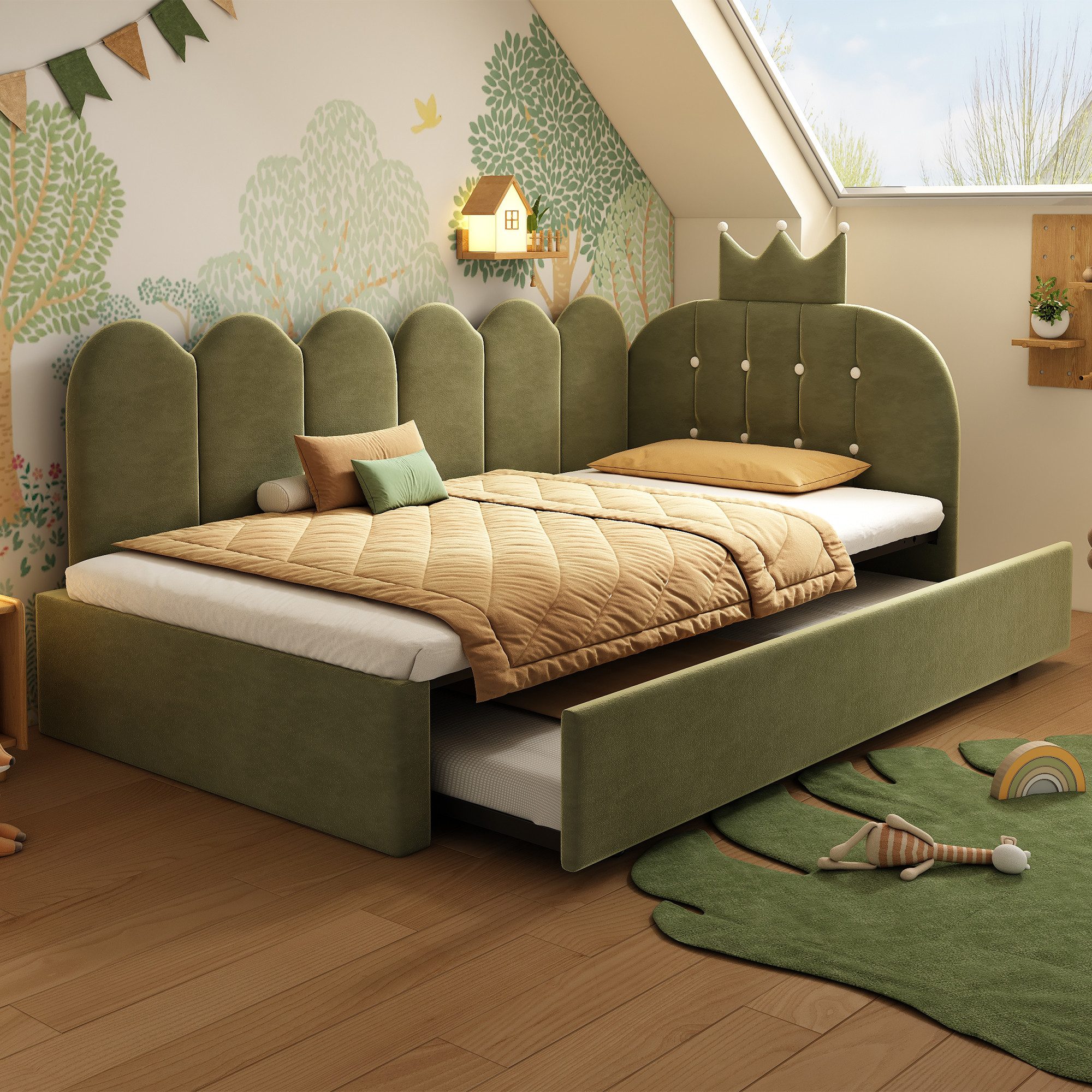 Flieks Polsterbett, Daybett L-Form 90x200cm mit Kronen-Design und Ausziehbett 90x190cm