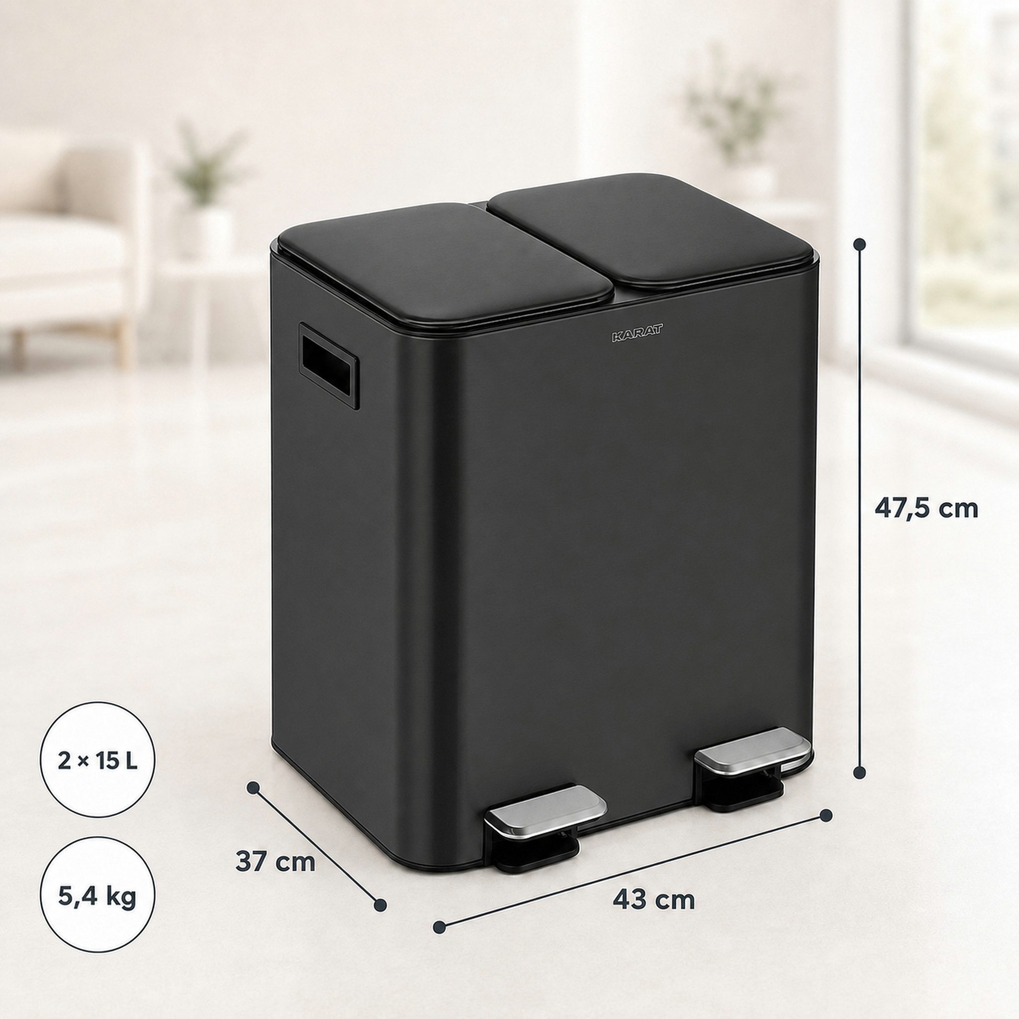Floordirekt Mülleimer Logan 2 x 15 L Treteimer Soft Close Mülltrennung, Zwei entnehmbare Innenbehälter – Bild 2 von 5