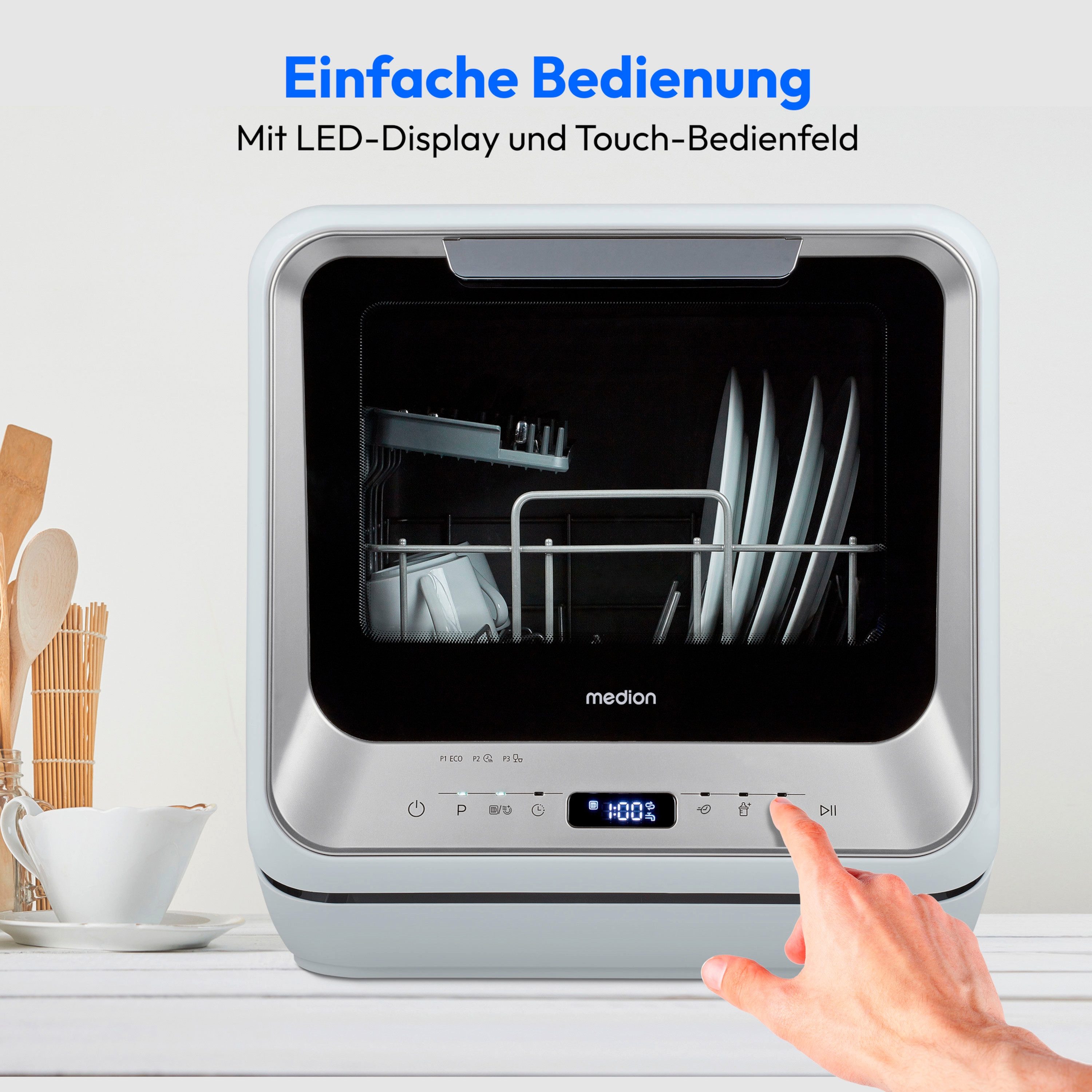 Medion® Tischgeschirrspüler MD37763, 2 Maßgedecke, mit/ohne Wasseranschluss, 6 Reinigungsprogramme, freistehend, silber