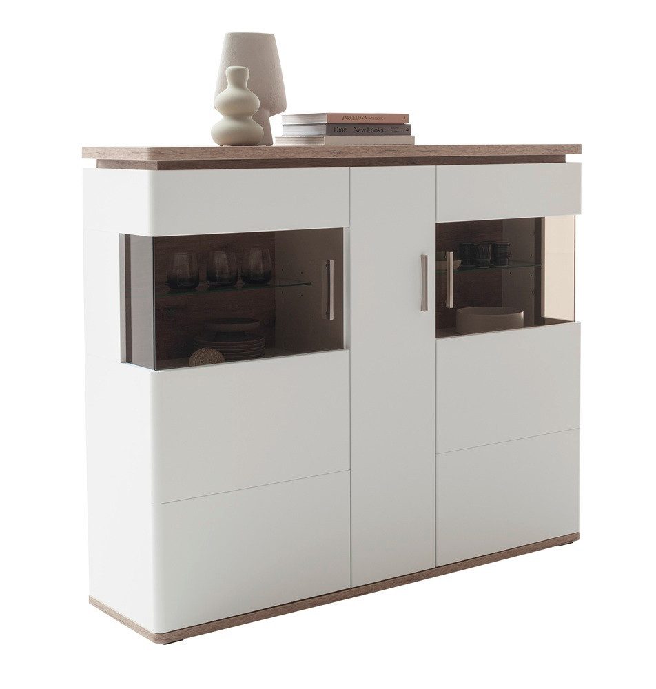 MCA furniture Vitrine Highboard Palermo, Soft white / Viking Oak, ohne Beleuchtung