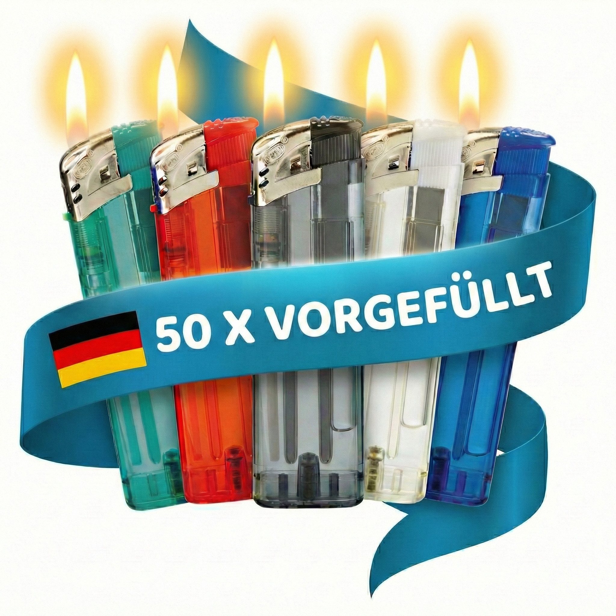 TOM Feuerzeuge Display 50er Set 5 Farben Nachfüllbar Soft-Flame (50-St), Gleichmäßige Flammenleistung, Elektronik, Vorgefüllt