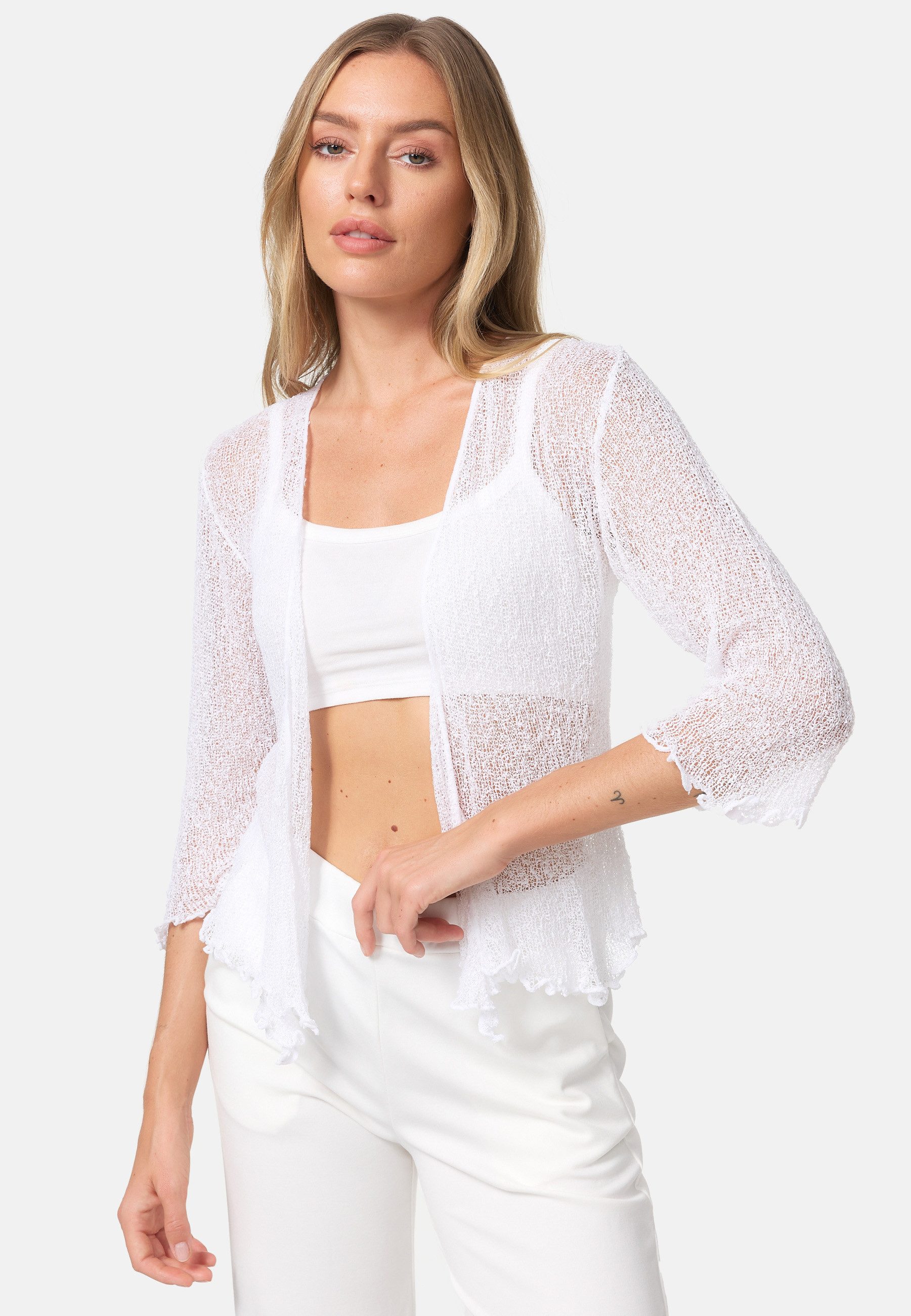 Rayshyne Bolero Bolero Cardigan Transparent Feminin Festlich (leichter Damen Sommerlicher Bolero Strickjacke festlich mit 3/4 Arm)
