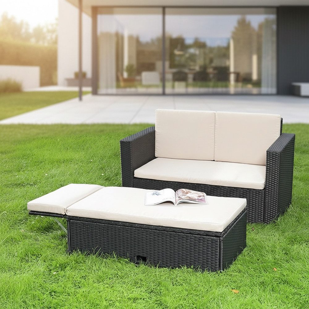 Melko Gartenlounge-Set Gartensofa Lounge Sessel Gartenmöbel Polyrattan Fußbank Sitzgarnitur, (Set, 2-tlg), Kissen inkl. Reißverschluss, daher abnehm- und waschbar