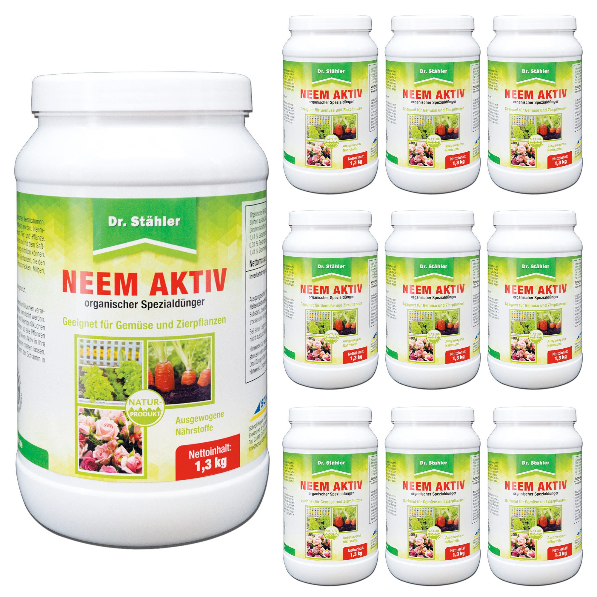 Dr. Stähler Pflanzgranulat Neem Aktiv - Spezialdünger-Granulat für Gemüse und Zierpflanzen, mit Hochwirksamer Spezialdünger für optimales Pflanzenwachstum, (10 x 1,3 kg Neem Dünger Granulat für Beet, Topf & Gießlösung, 10-St., Neem Dünger – Für kräftiges Pflanzenwachstum & gesunden Boden), Neem Spezialdünger – Für Gemüse, Zierpflanzen & Gartenbeete
