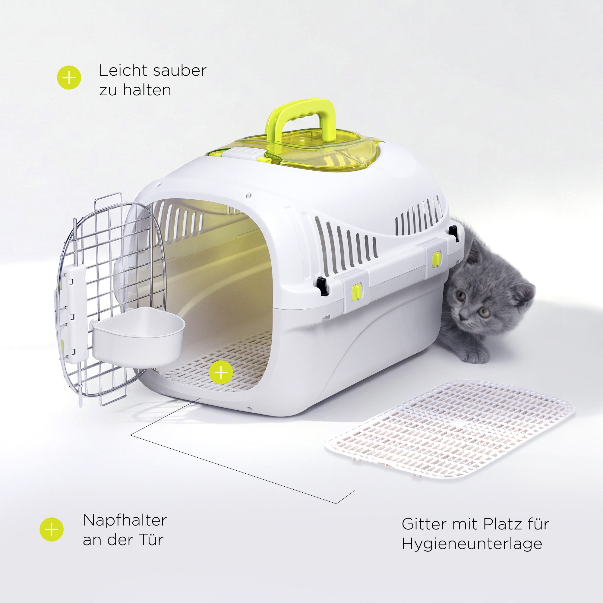 Peluvio Tiertransportbox SAFY für Katzen bis 5 kg, Öffnungsfenster/Großer Griff/Urinauffanggitter/bis zu 5 kg