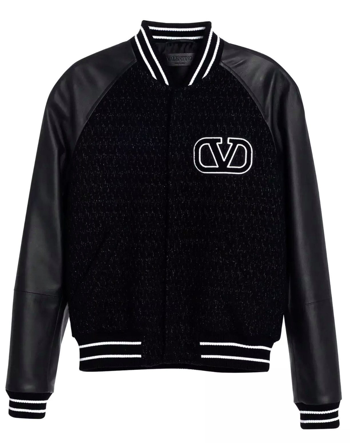 Valentino Bomberjacke Varsity Collage Tweed Leder Jacke Blouson ikonische VLOGO, Lederärmel, Woll-Bouclé-Tweed, terry-Logo