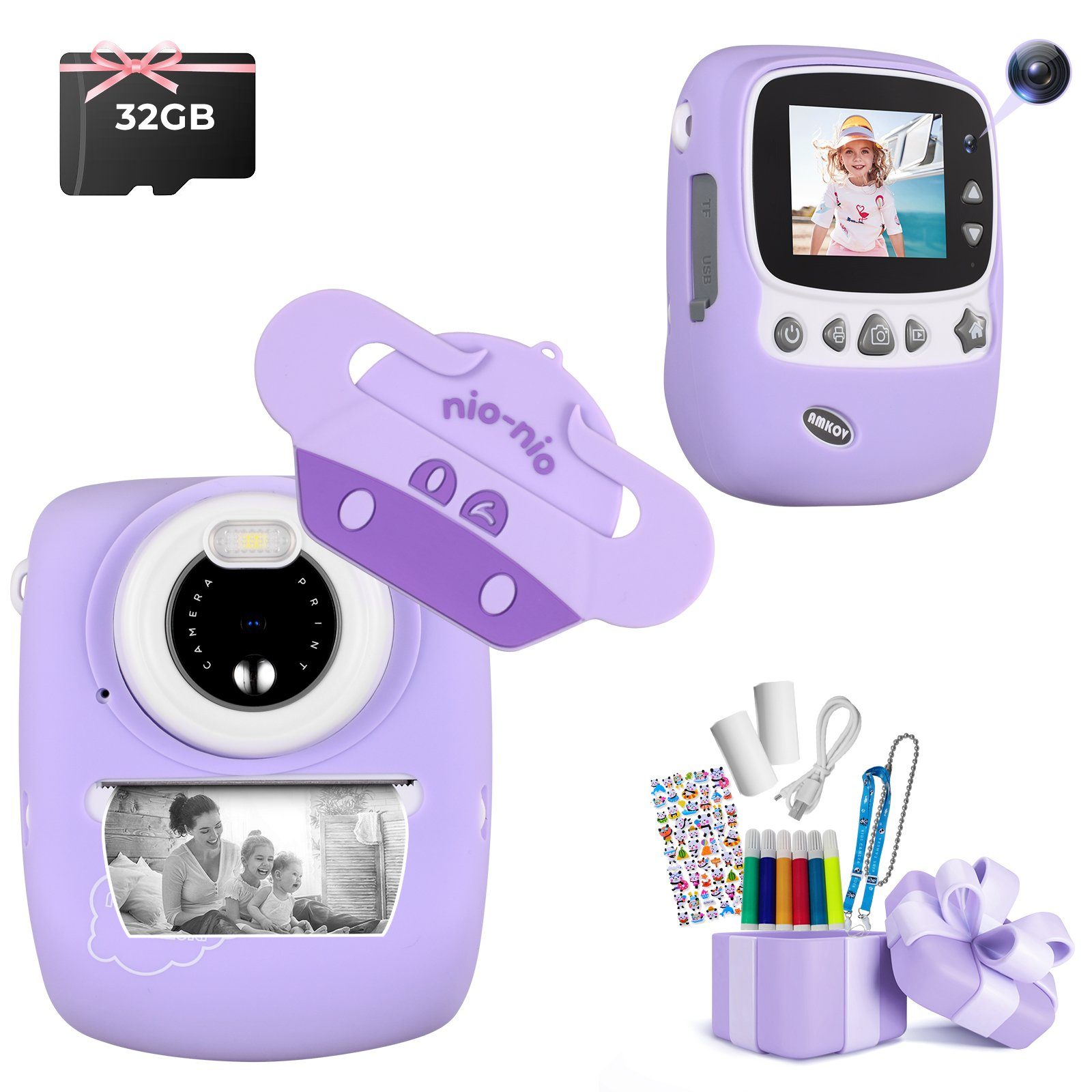 Fine Life Pro CD-P01B Kinderkamera (30 MP, 16x opt. Zoom, WLAN (Wi-Fi), inkl. 6 farbigen Pinselstiften + 2 Rollen Druckpapier + Aufkleber, Videoaufnahmen mit Ton in Full HD, automatische Abschaltung, automatische Blitzzuschaltung) Lila