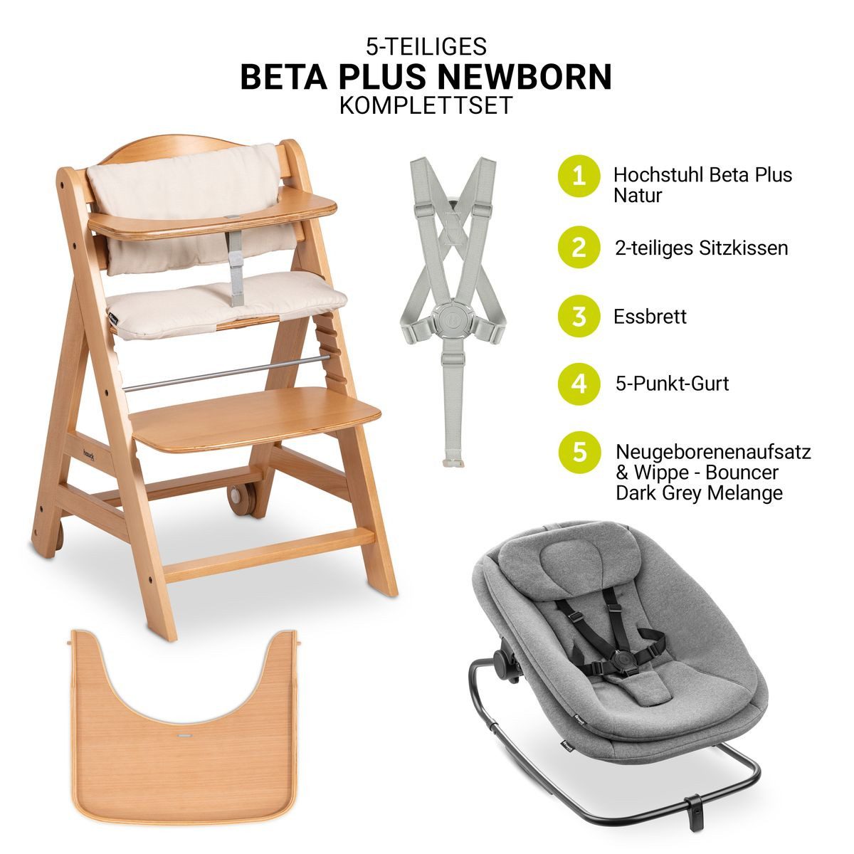 Hauck Hochstuhl Beta Plus Natural - Newborn Set 3in1 Bouncer (Set), Holz Ba günstig online kaufen