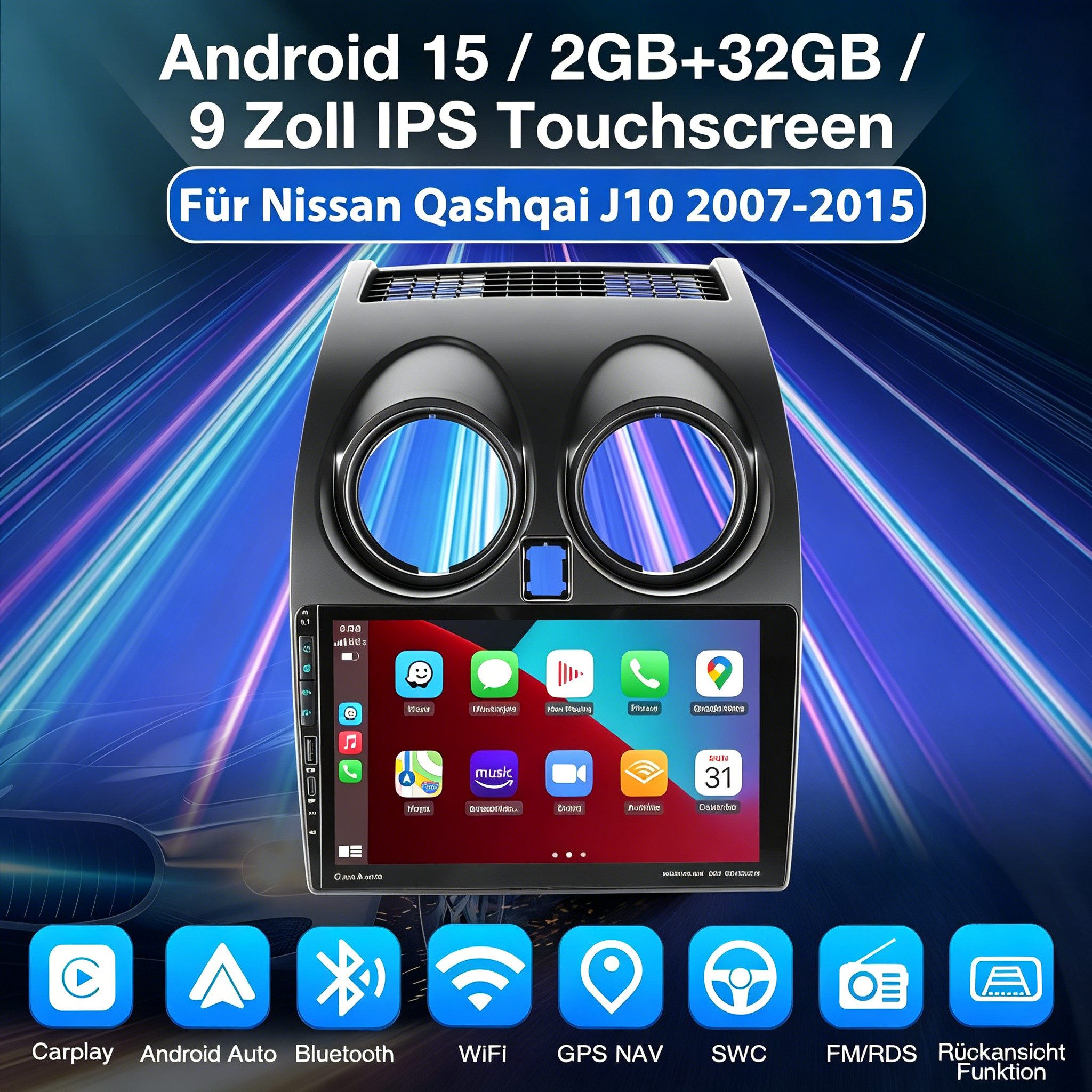 ESSGOO DAB+ Android15 Carplay GPS NAVI mit USB Für Nissan Qashqai J10 2007-15 Autoradio (RDS, 4+64GB(optional), DAB (optional), FM, DAB+ (optional), Carplay Android Auto Bluetooth EQ USB GPS Navi WIFI Touchscreen)