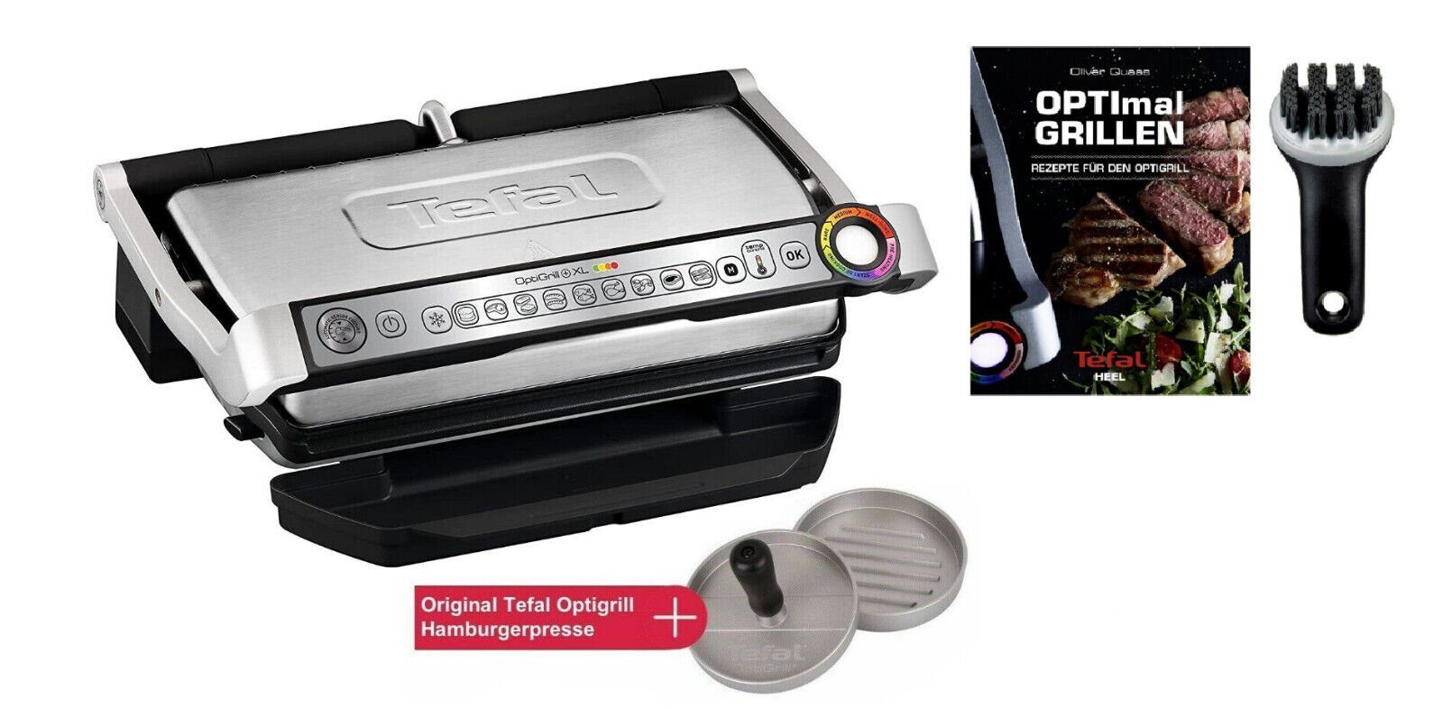 Tefal Kontaktgrill OptiGrill XL Kontaktgrill GC722D +, 2000,00 W, +  Hamburgerpresse/Rezeptbuch/Bürste