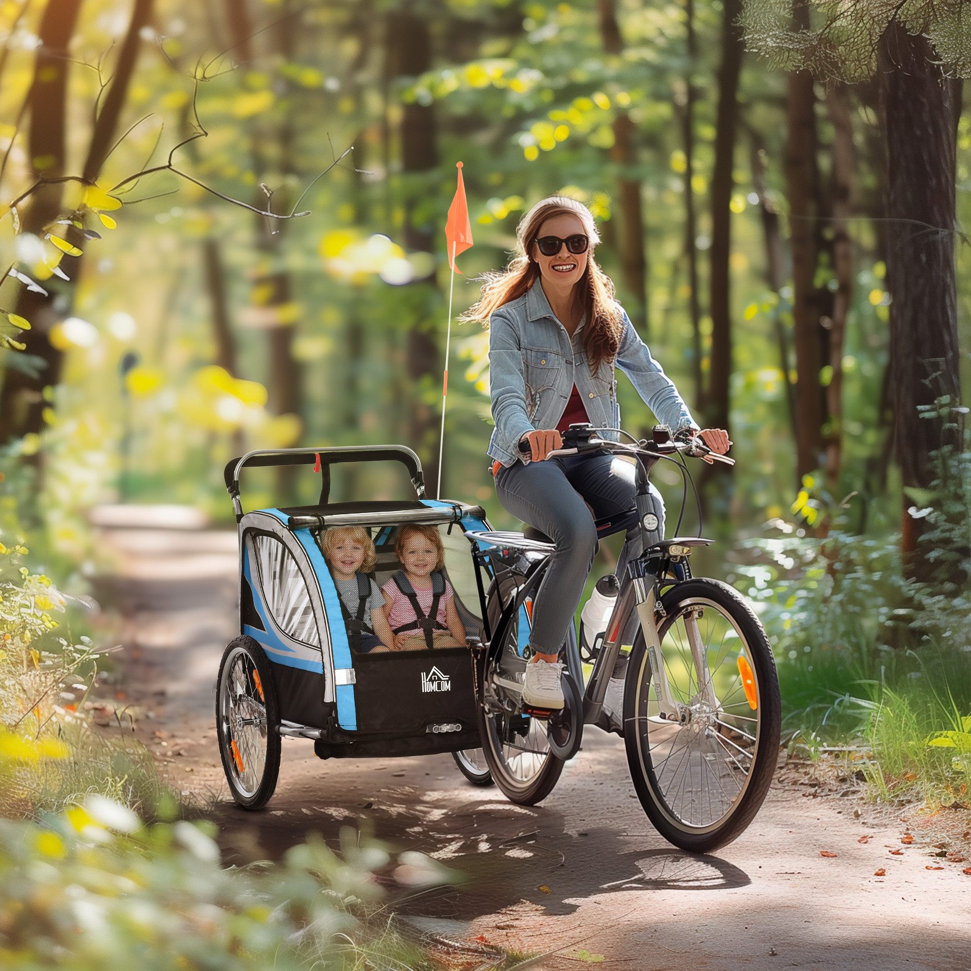 HOMCOM Fahrradkinderanhänger Kinderwagen, 5-Punkt-Sicherheitsgurt, Universalkupplung, 2-in-1 Design, faltbar