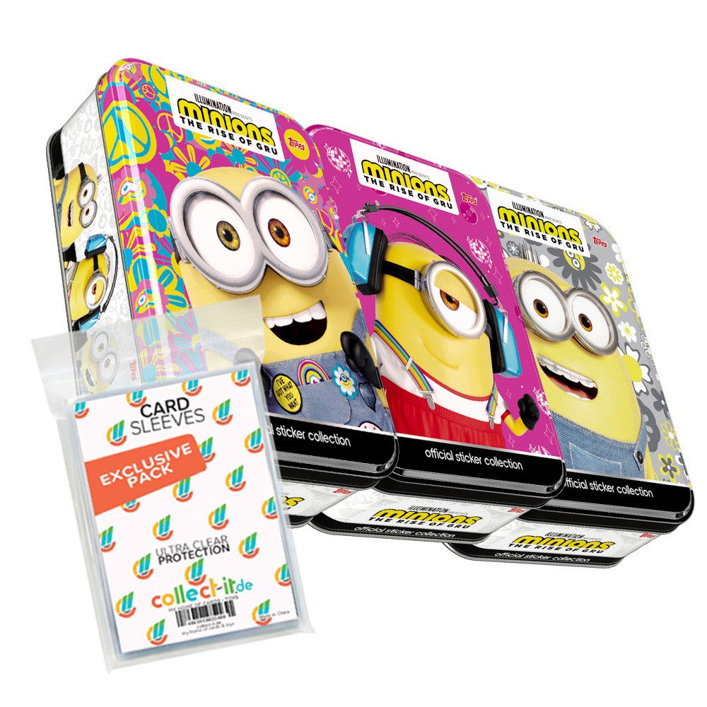 Minions Sammelkarte Minions Suche nach dem Mini-Boss Sticker Alle 3 Tin Boxen + Sleeves