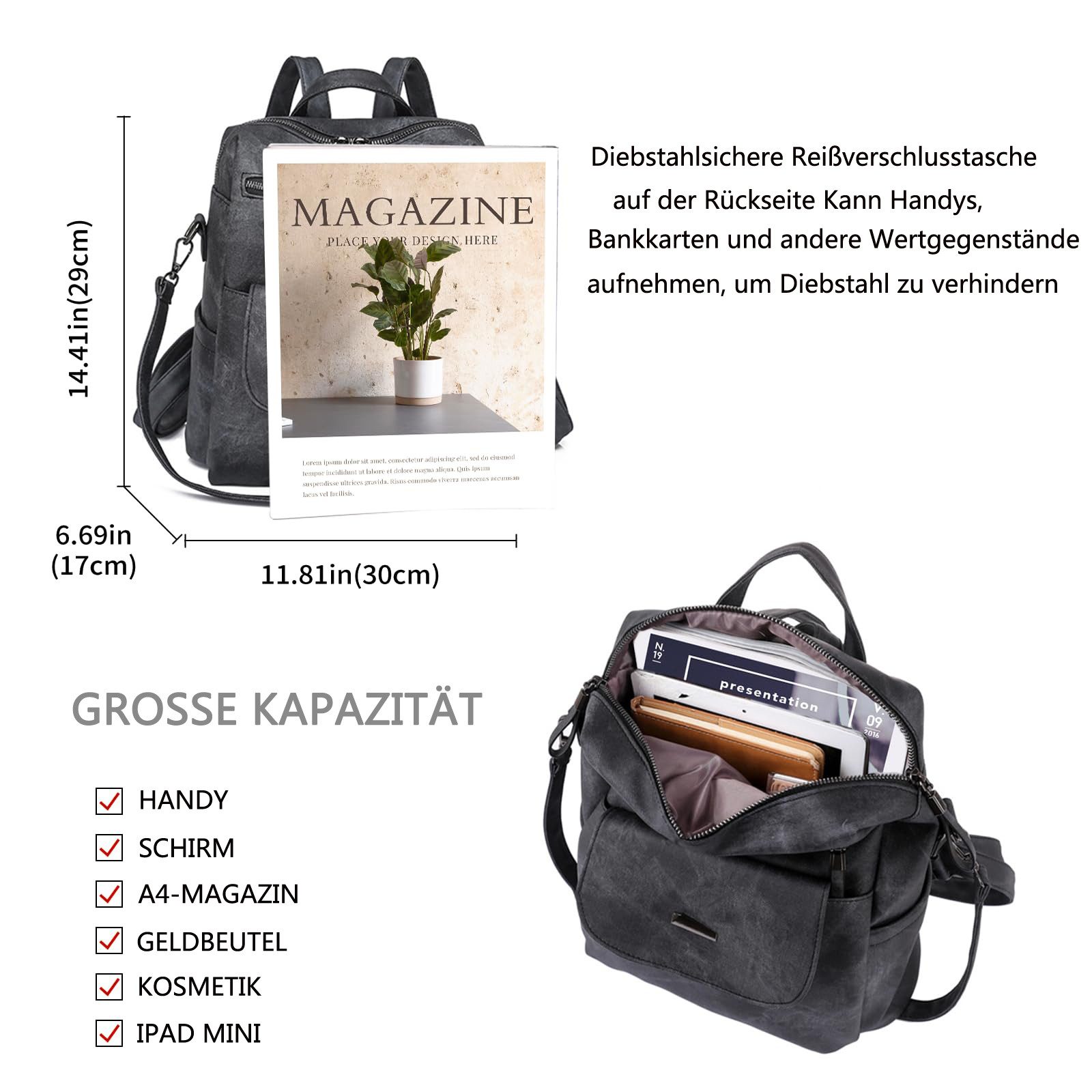 Zaewry Cityrucksack Unisex Rucksack Wasserdicht Anti-Diebstahl Leichtgewicht Reisen, Mehrzweck Cabrio Geldbörse Umhängetasche Handtasche Rucksack