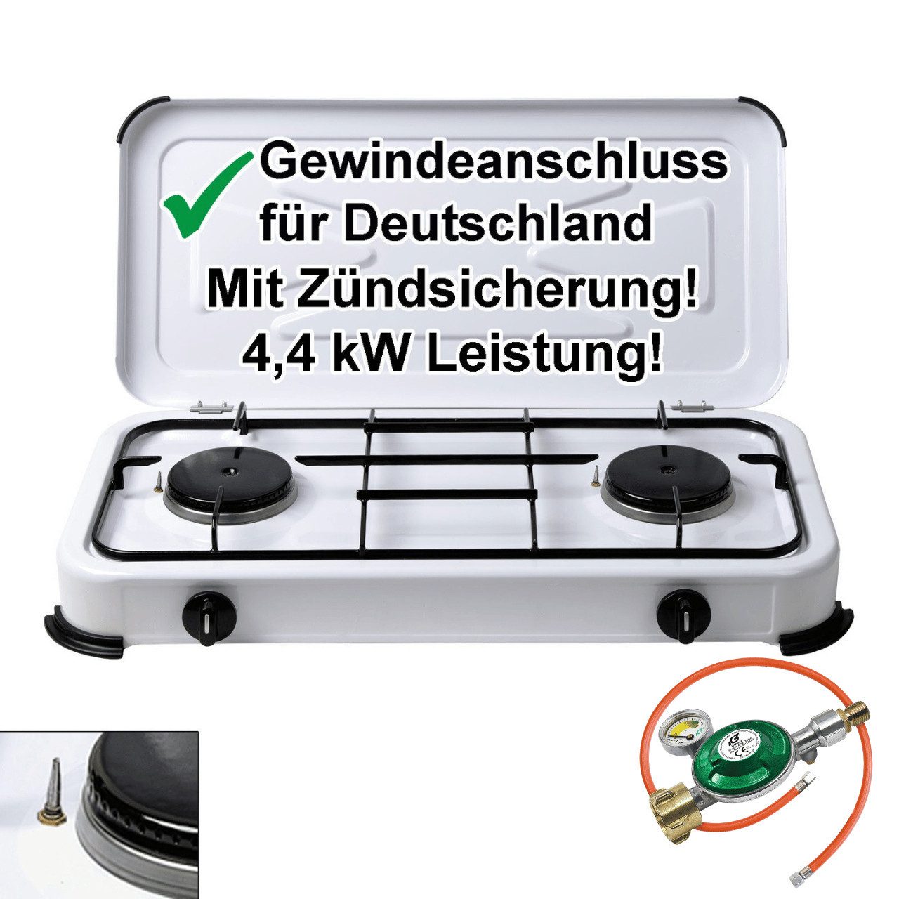 BlueCraft Gaskocher 2 flammig mit Zündsicherung 50mbar Propan Gas Campingkocher 4,4 kW, (mit Schlauch 100 cm und Gas Regler Druckminderer mit Manometer), Camping Gas Kocher 2 flammen für Gasflasche Gasherd Gas-Kochfeld