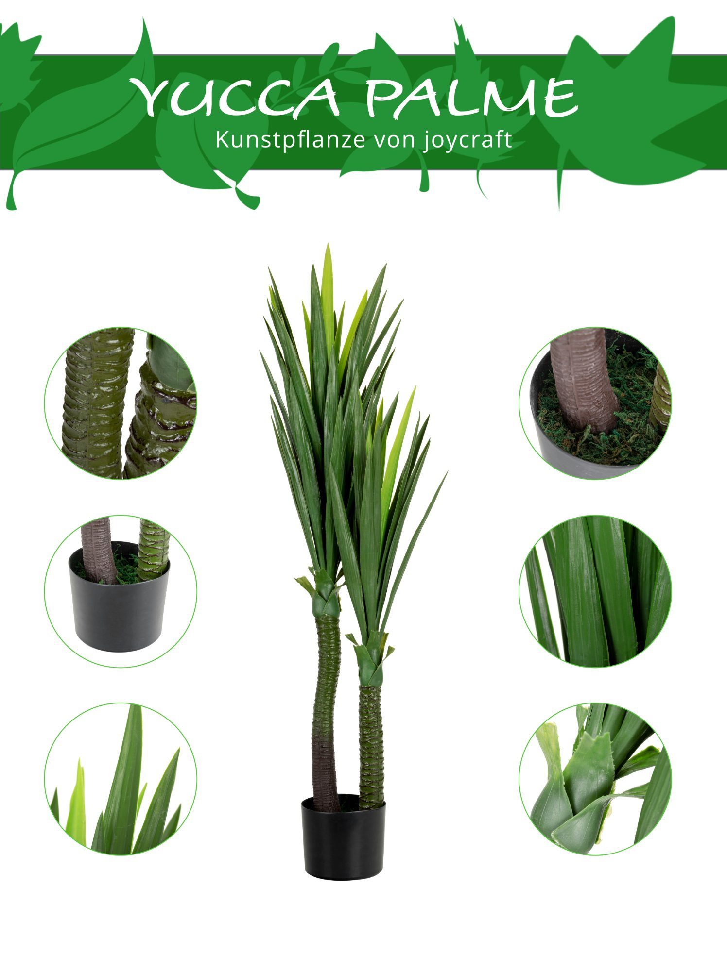 joycraft, Kunstpflanze künstliche im Höhe Kunststofftopf Yuccapalme, Kunstpalme 120 YU-115 Palme cm, Palmllilie