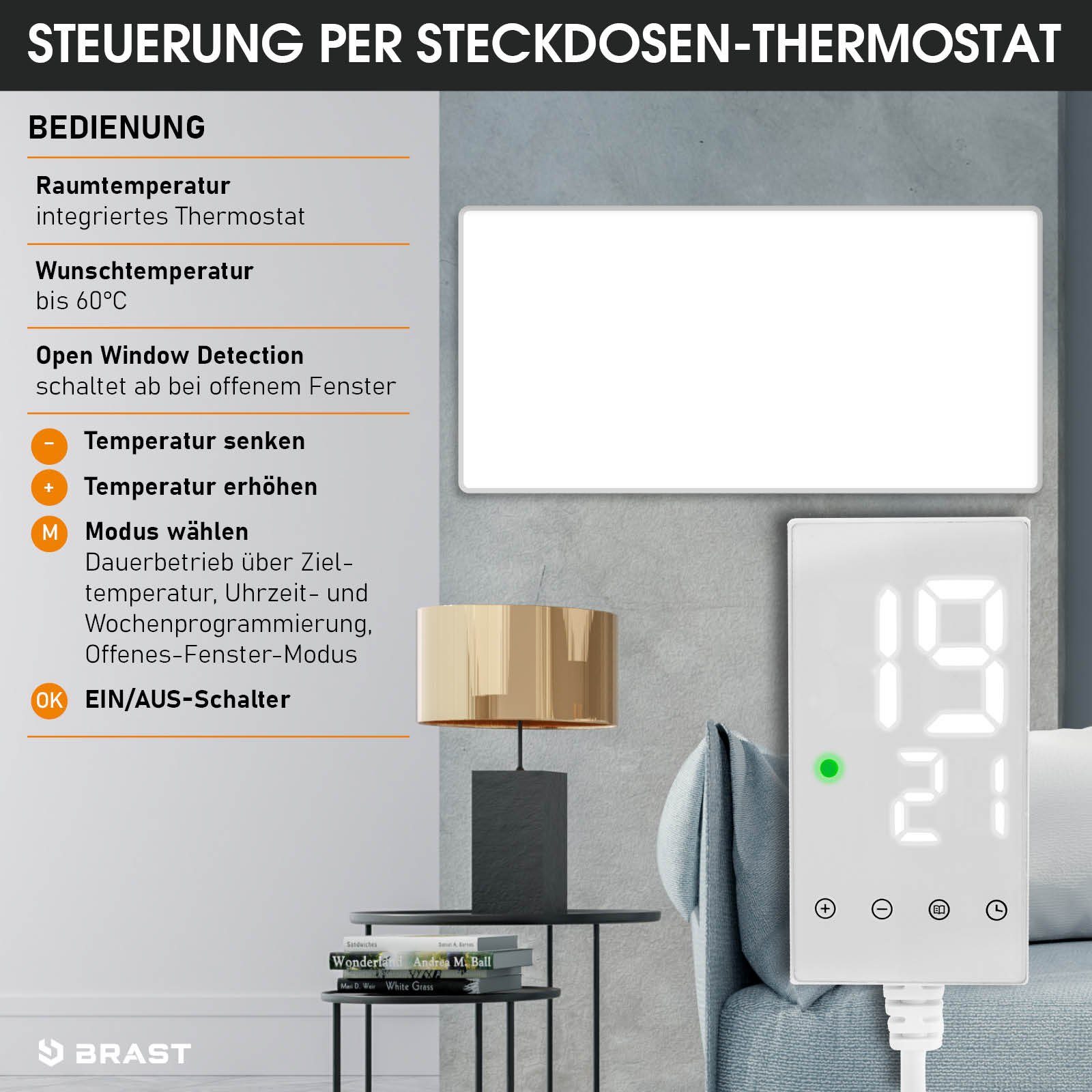 BRAST Infrarotheizung mit LED-Steckdosen-Thermostat, 300-1200 10 Wärmeeffizienz Watt, Wirkungsgrad durch Garantie, Optimalen hohe Jahre