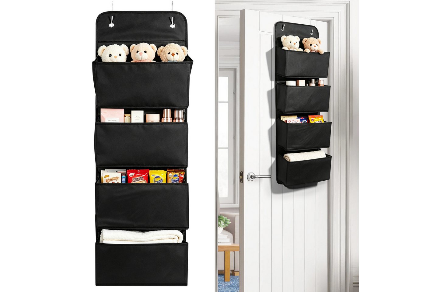 BlingBin Hängeaufbewahrung Hängeorganizer mit 4 Taschen, Platzsparendes Hängeregal (1er Set, 1 St., 1 x Hängeaufbewahrungstasche + 2 x Haken), Tür-Aufbewahrungs-Organizer, Faltbarer Kleiderschrank-Organizer, Grau