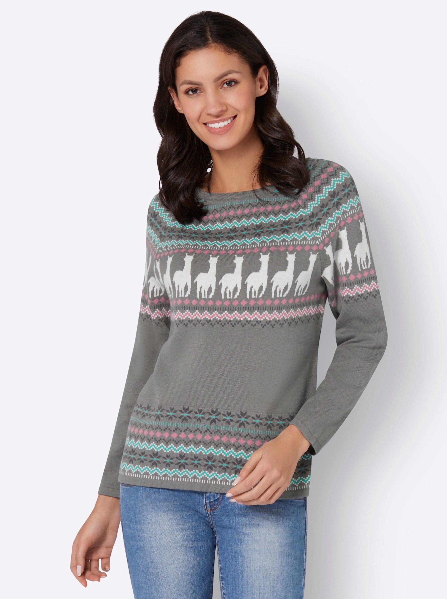 Sieh an! Strickpullover grau-ecru-gemustert